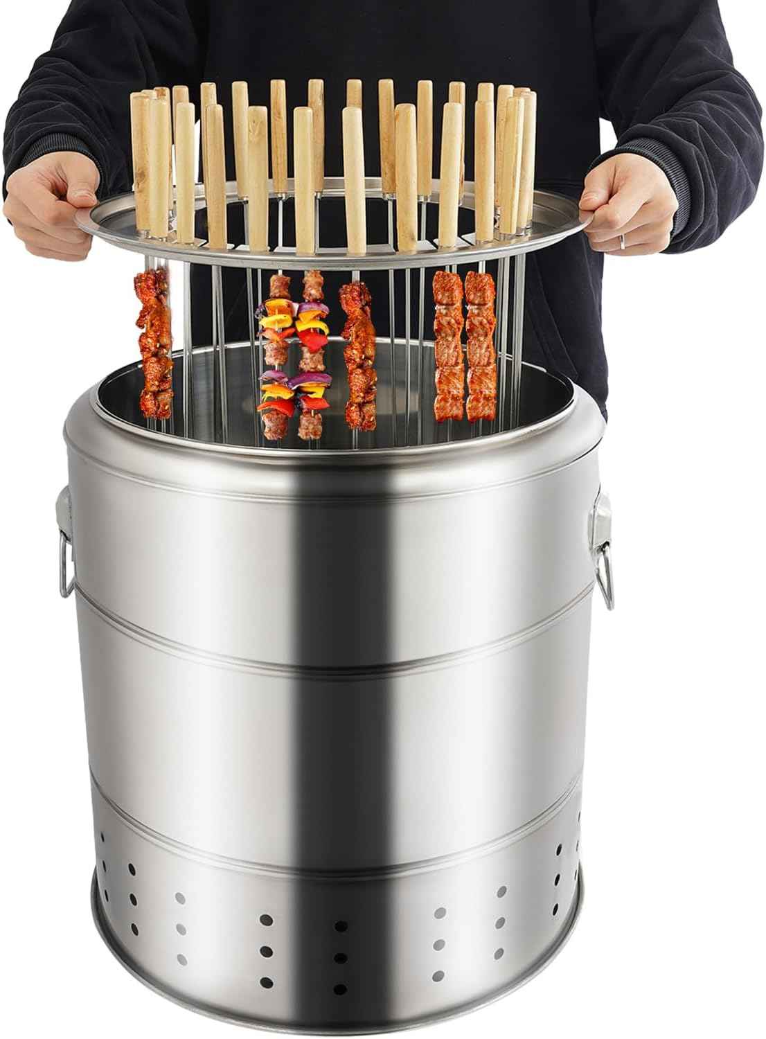 28 Skewer Charcoal Barrel Grill,360° Smokeless Portable Outdoor BBQ Grill with Stainless Steel Surround,Large Capacity for 6-10 People,for Picnics Camping Travel & Backyard