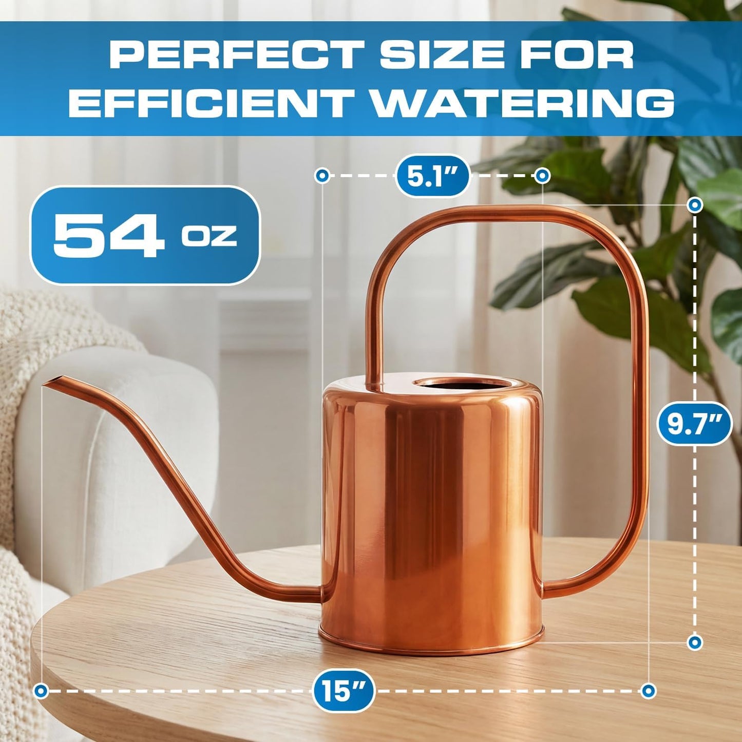 Plexon Rose Gold Metal Watering Can Indoor Plants, 54 oz Stainless Steel Long Spout Watering Can Outdoor House Plant Flower, Garden