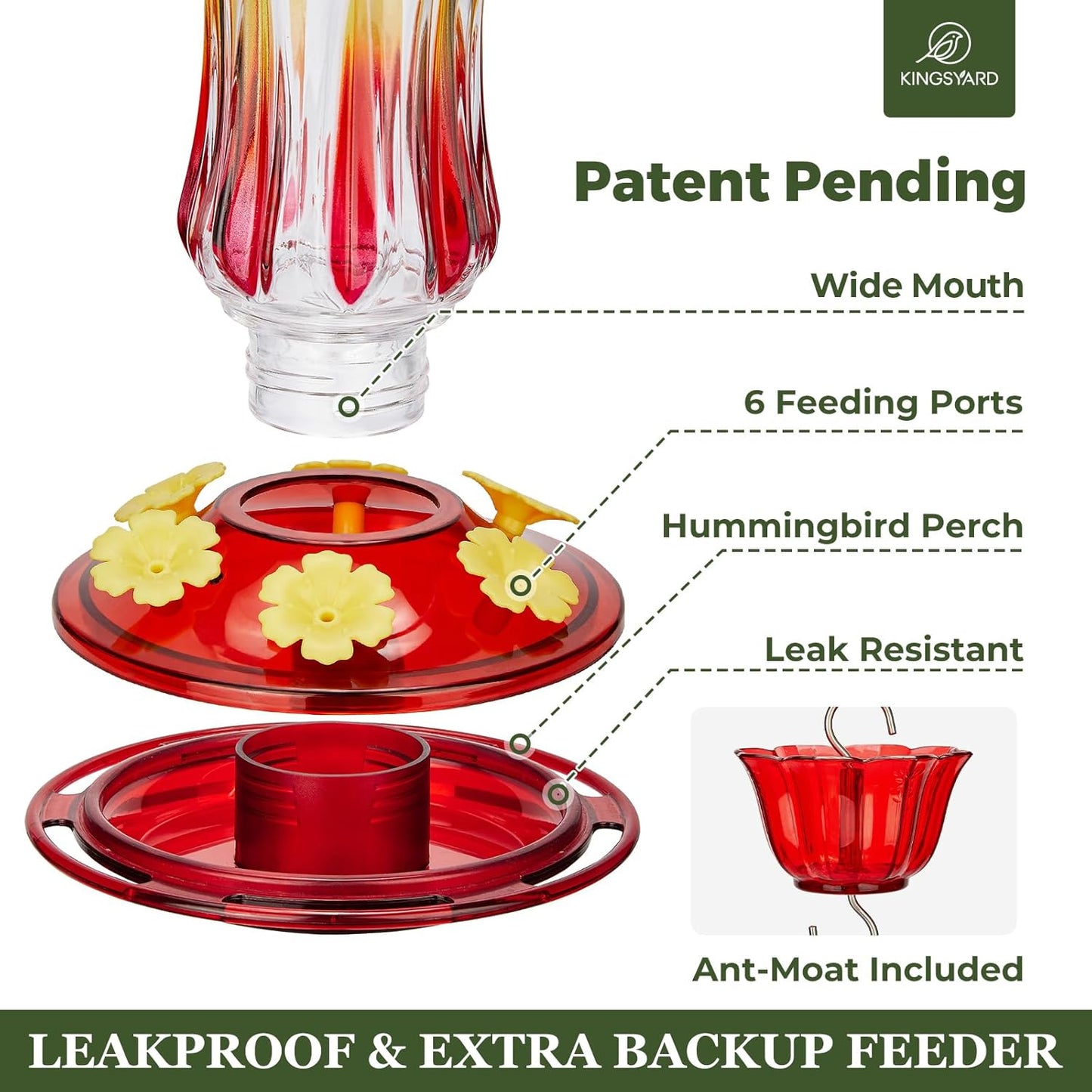 Kingsyard Glass Hummingbird Feeder 25oz – Ant Moat, 6 Bee-Proof Ports, 360° Perch