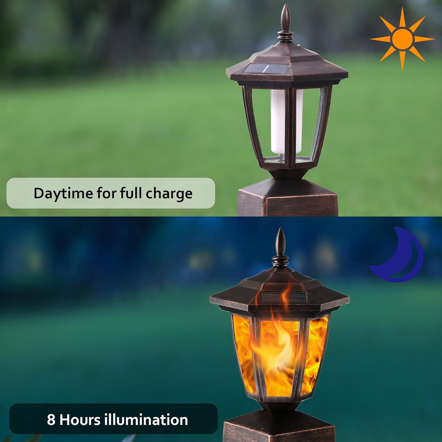 Dynaming 4 Pack Solar Flame Post Lights Outdoor, Solar Powered Lamps Fence Post Cap Lights, Flickering Flame LED Lantern Waterproof for Garden Deck Patio, Fit 4x4, 5x5 or 6x6 Wooden Posts, Bronze
