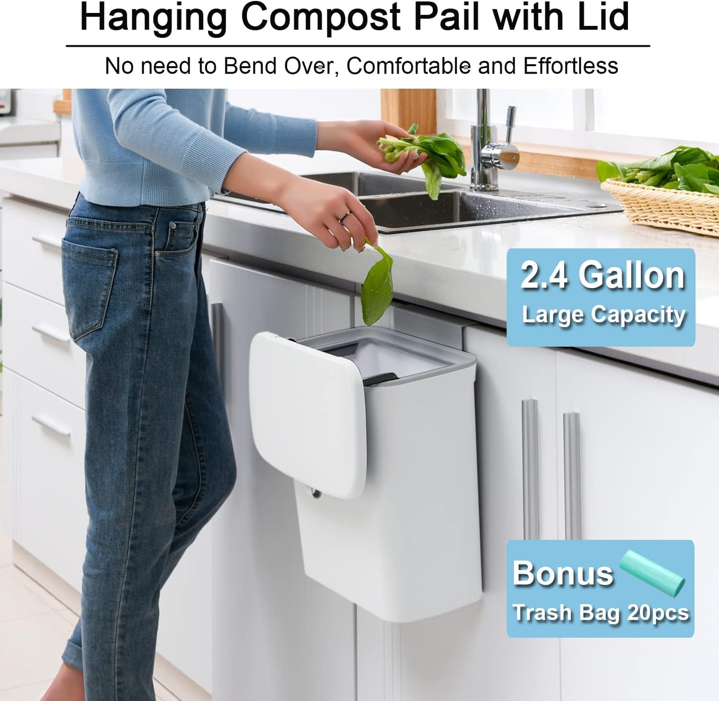 Tiyafuro 2.4 Gallon Kitchen Compost Bin for Counter Top or Under Sink, Hanging Small Trash Can with Lid for Cupboard/Bathroom/Bedroom/Office/Camping, Mountable Indoor Compost Bucket, White