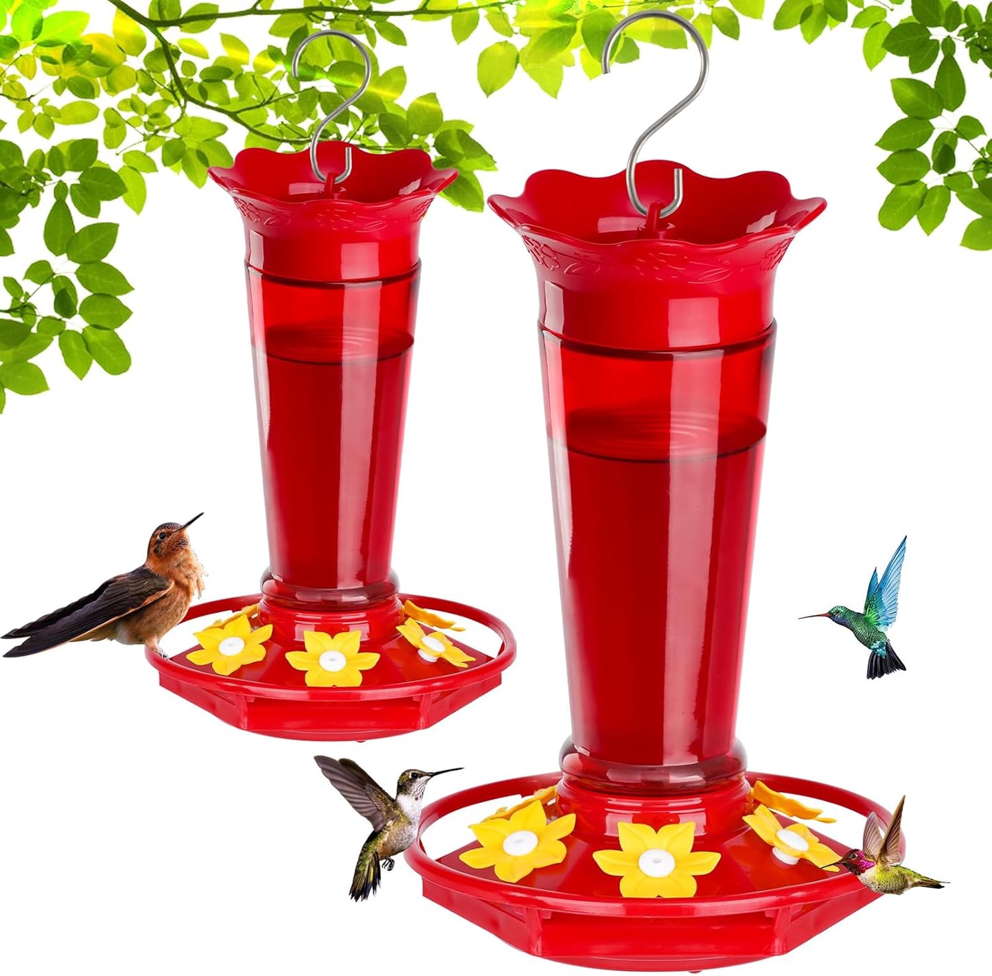 10 OZ Glass Hummingbird Feeders for Outdoors Hanging - Red 2 Pack, Ant & Bee Proof and 6 Feeding Ports, Garden Yard Décor Gifts for Mom