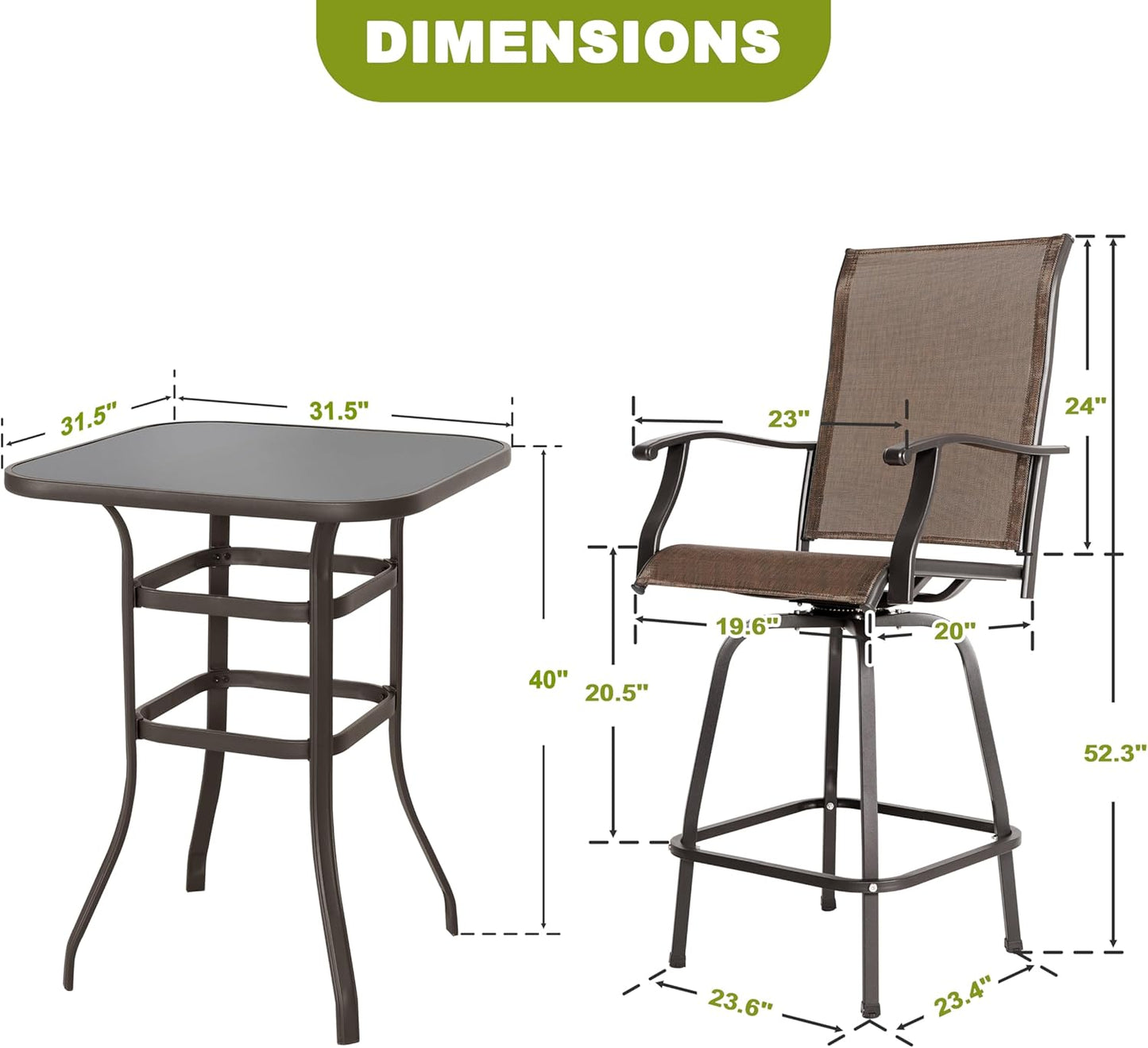 NUU GARDEN 5 Piece Patio Bar Set with Square Silk Screen Bar Height Glass Table and 4 Counter Textilene Height Swivel Chairs for Patio, Yard, Outdoor, Black&Brown