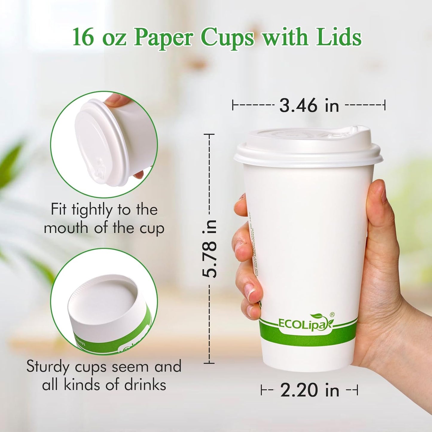ECOLipak 100 Count 16 oz Compostable Paper Coffee Cups, Biodegradable Disposable Coffee Cups with CPLA Lid, Eco-friendly Hot Drinking Cups for Parties, Picnics, Travels,and Events