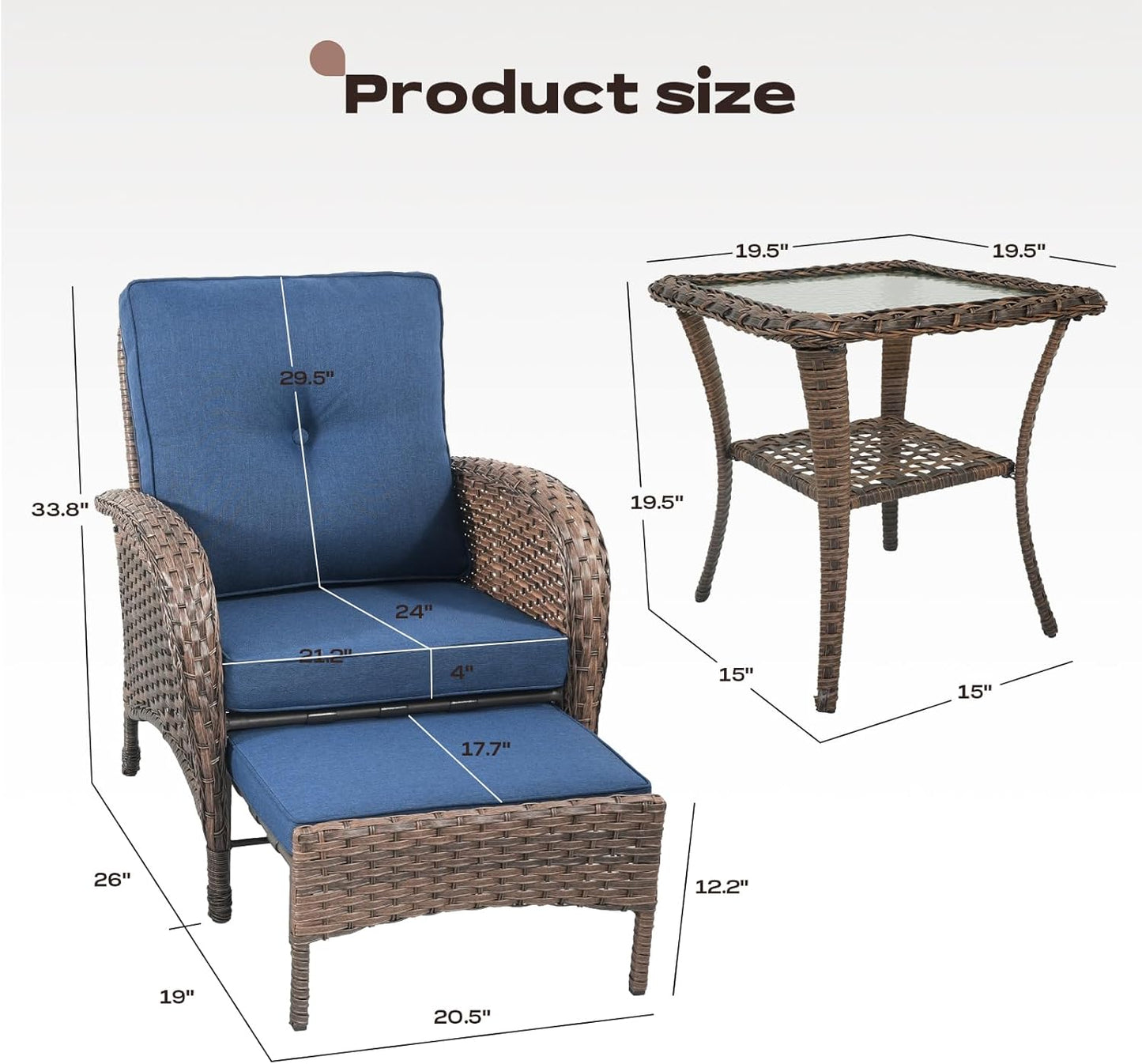 5 Piece Patio Furniture Set - Wicker Balcony Furniture Set with Hidden Ottomans, Rattan Outdoor Patio Chairs with Side Table for Porch Deck Poolside Garden Brown/Blue