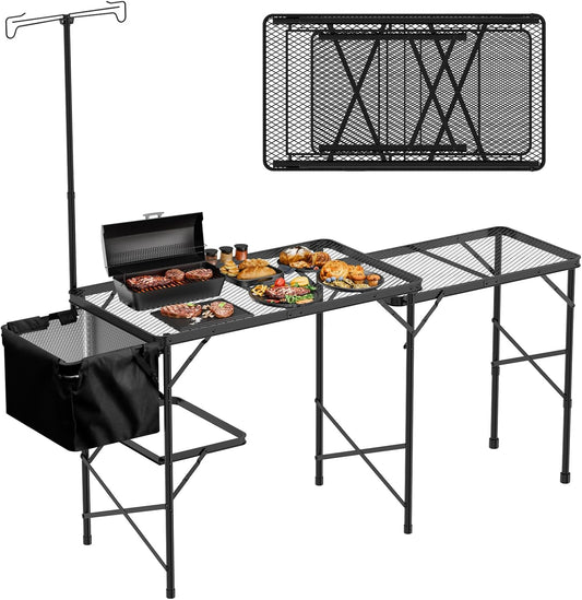 Folding Table with Sink and Double Shelf, Camping Table Height Adjustable Folding Grill Table, Portable Outdoor Table for Picnic,Camping,BBQ,Beach,69 x20 x32 Inches(Black)