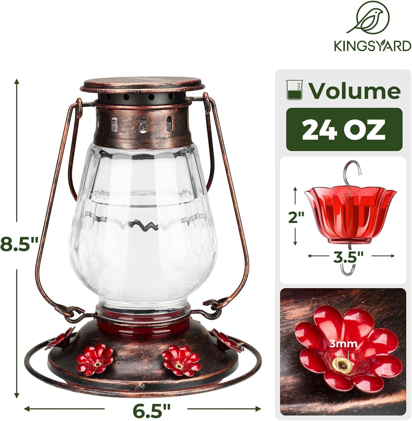 Kingsyard Glass Hummingbird Feeder for Outdoors Hanging - Vintage Lantern Style Leak-Proof Humming Bird Nectar Feeder with 6 Feeding Ports & Ant Moat for Outdoor Garden Decor, 24 Oz, Vintage Clear