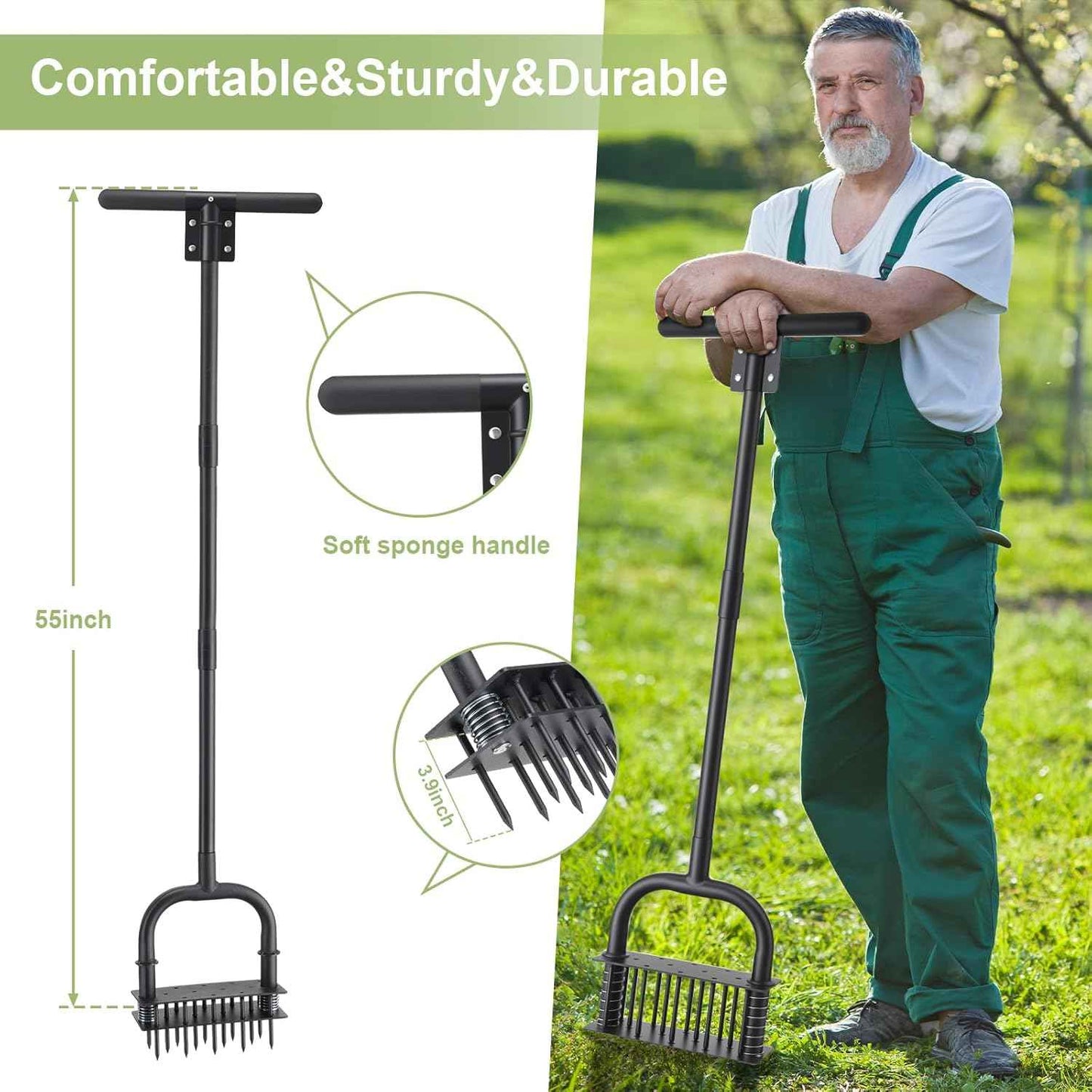 Lawn Aerator,55 inch Long Aerator Lawn Tool,Save Labour Core Aerator with 14 Steel Spikes,Manual Push Grass Aerator for Lawn and Garden,Yard