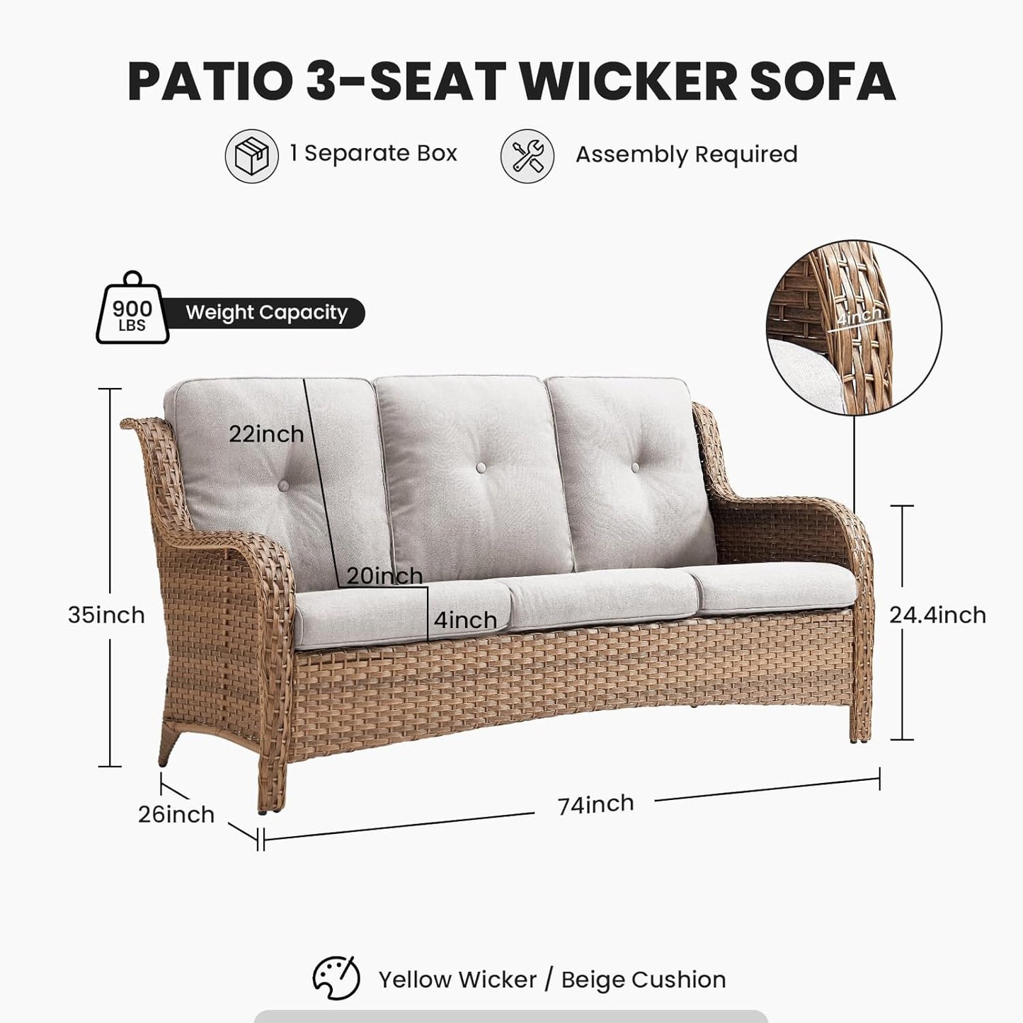 Outdoor Couch Wicker Patio Sofa - 75Inch Rattan Sofa with Hight Backrest Wide Armrest, All Weather Outdoor 3 Seater Seating Wicker Couch for Balcony Proch Deck Backyard Yellow/Beige