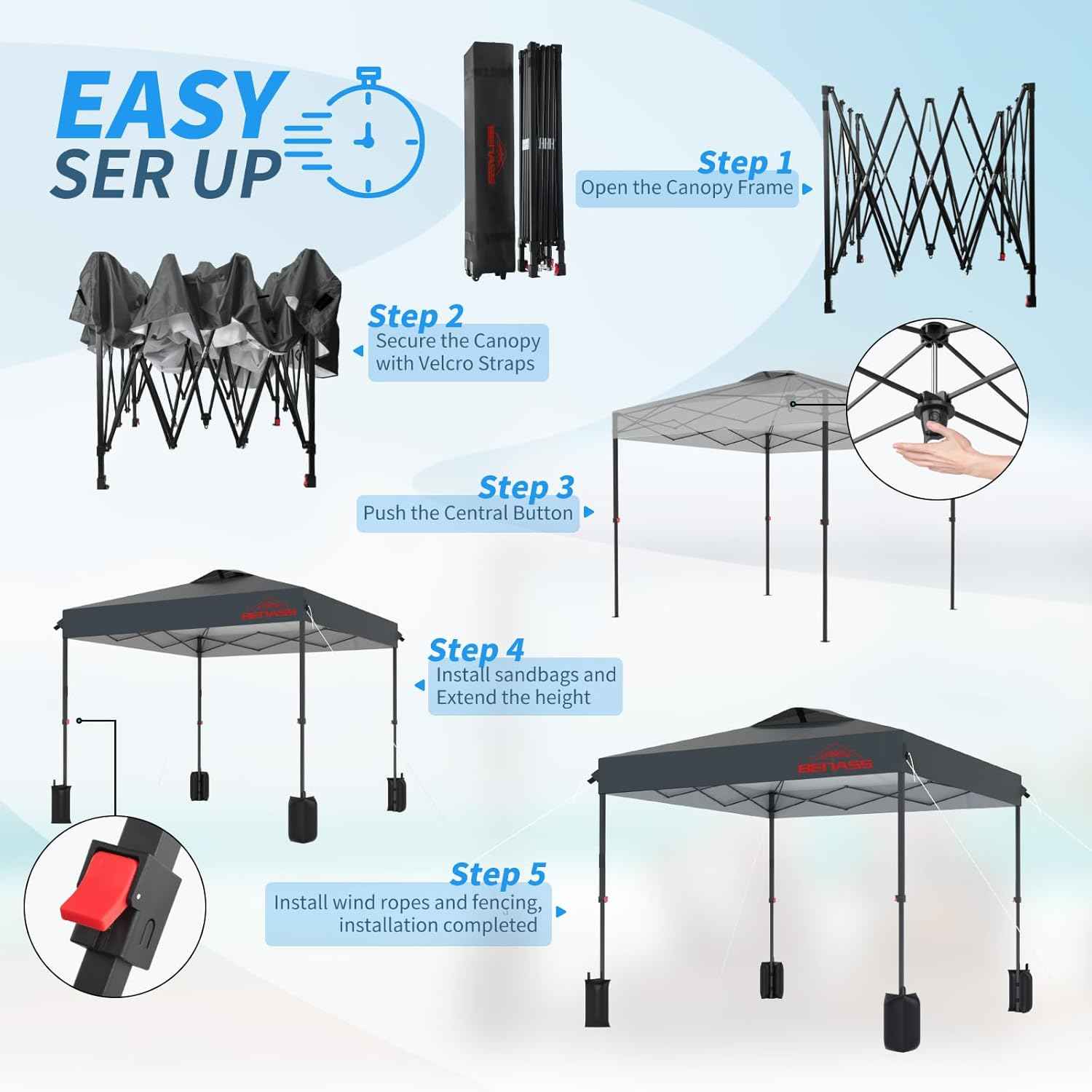 10x10 Pop Up Canopy, Easy Up Canopy Tent, Heavy Duty Tents for Parties, One Person Set Up Event Tent, Grey