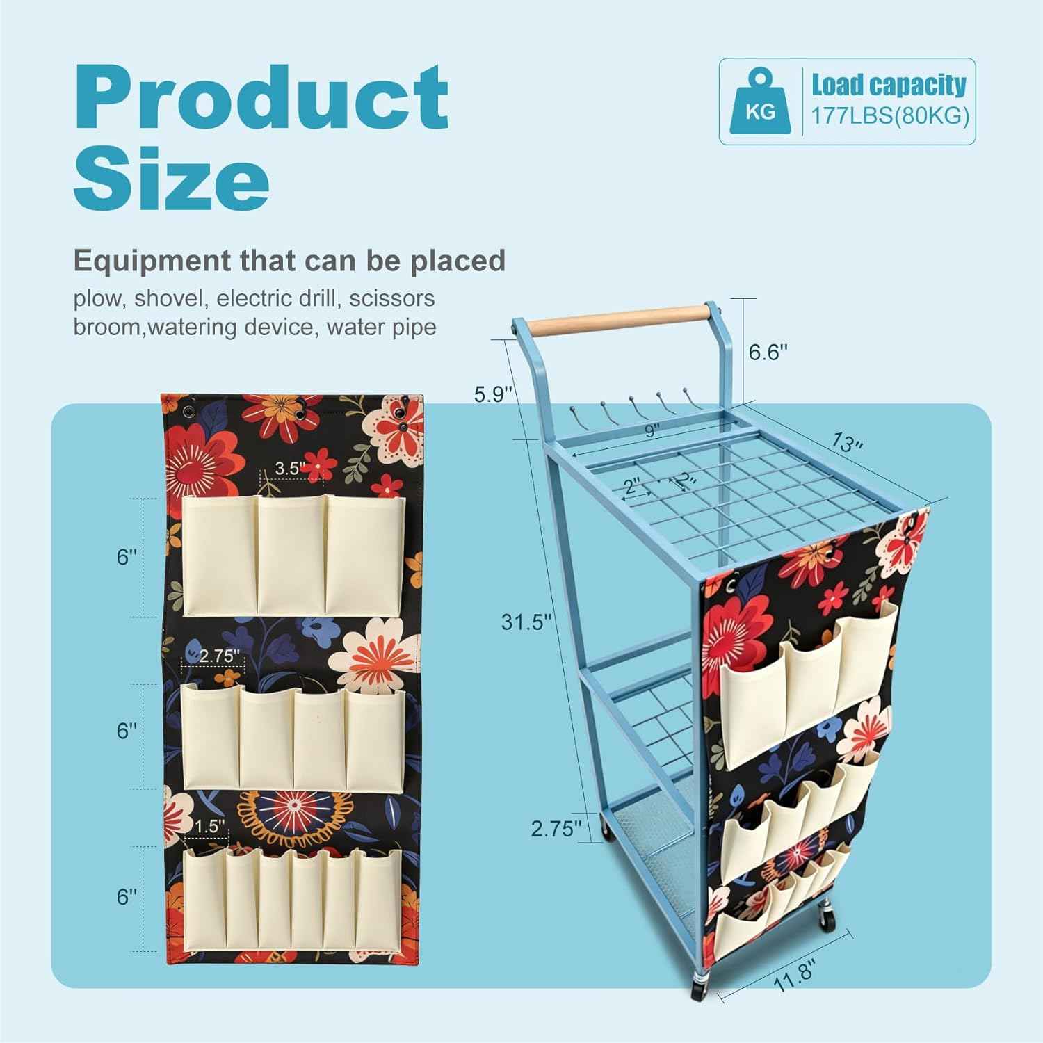 Garden Tool Organizer with Wheels Heavy Duty Yard Tool Organizer Rack with Side Storage Pockets Sturdy Metal Steel Holder with 6 Hooks for Garage, Yard, Patio, Shed