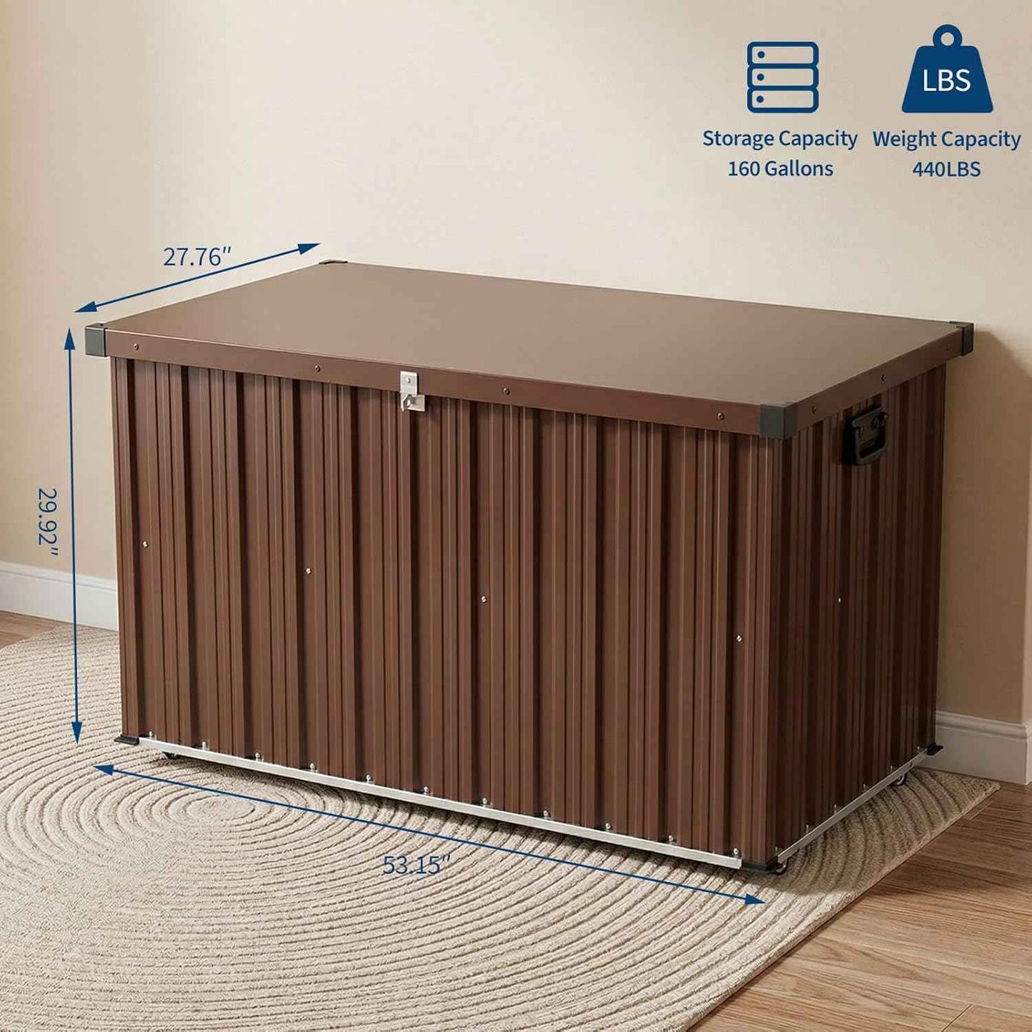 160 Gallon Deck Box Outdoor Storage, Metal Patio Storage Box with Lockable Lid, Hydraulic Rod, Wheels & Side Handles, Waterproof UV-Resistant, Brown, 53.1" x 27.8" x 29.9"
