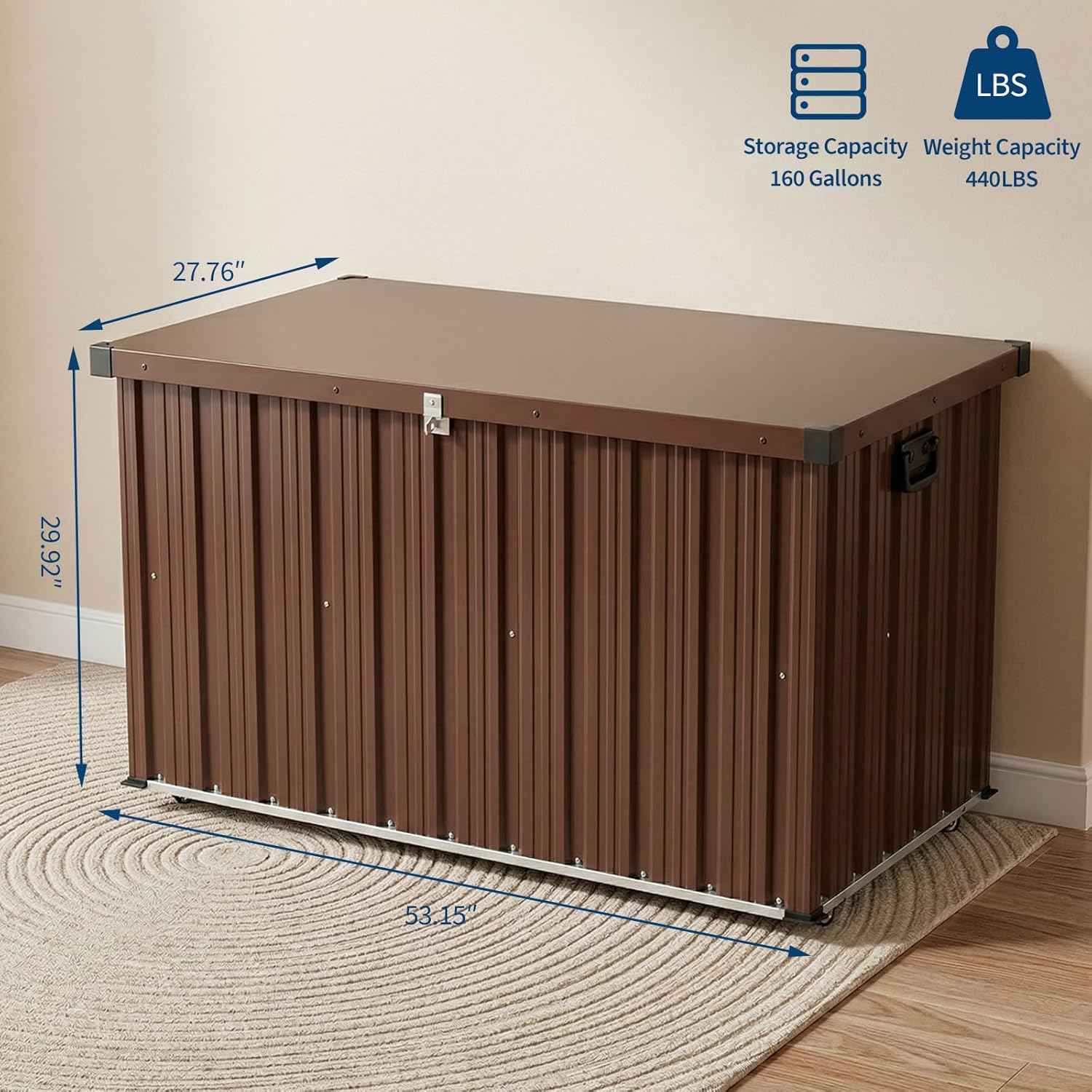 160 Gallon Deck Box Outdoor Storage, Metal Patio Storage Box with Lockable Lid, Hydraulic Rod, Wheels & Side Handles, Waterproof UV-Resistant, Brown, 53.1" x 27.8" x 29.9"