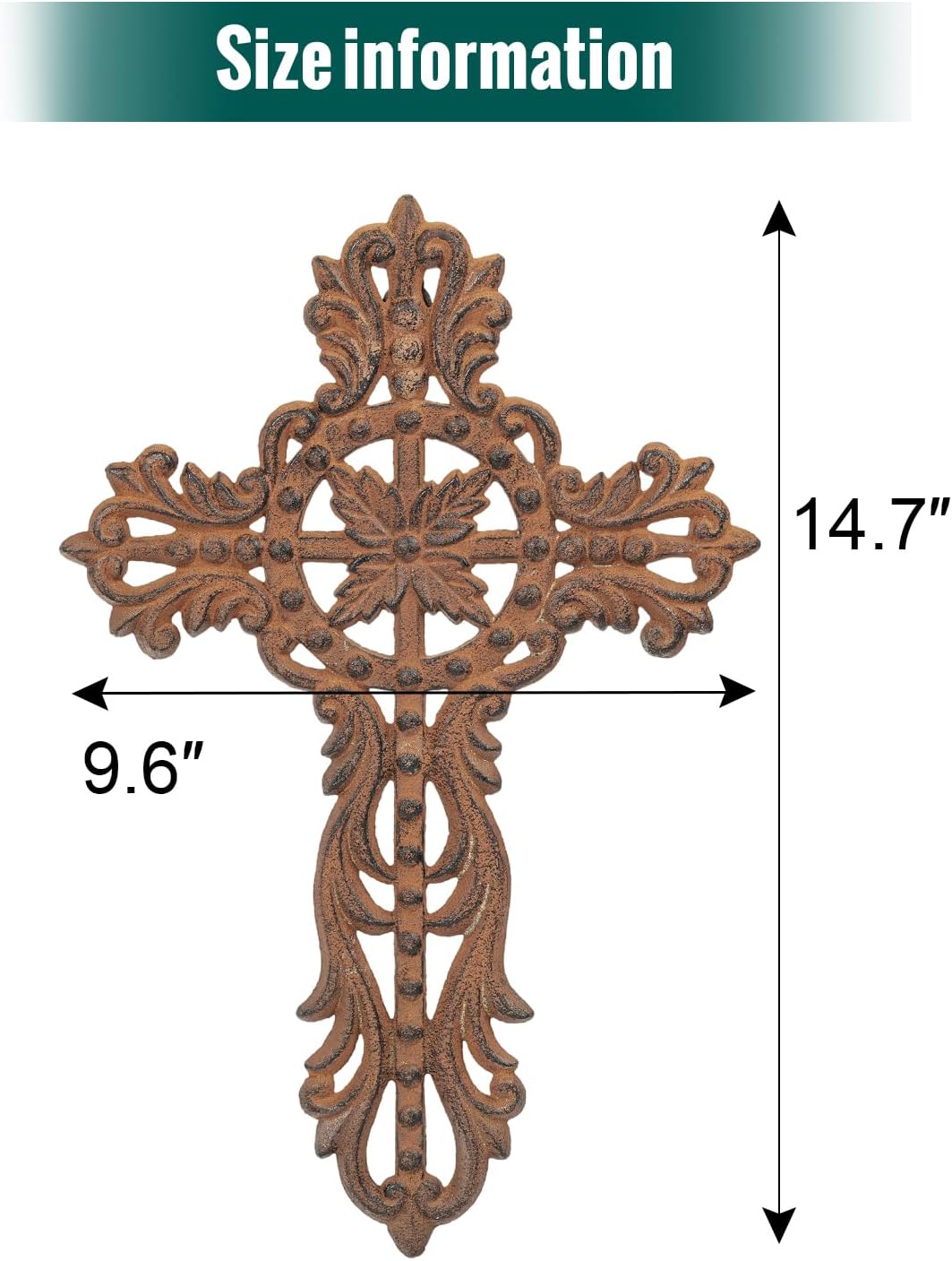 Sungmor Cast Iron Cross Wall Decor, Ornate Metal Wall Art, Vintage Decorative Outdoor Hanging Cross, Rustic Brown Religious Wall Sculpture Farmhouse Home Decor