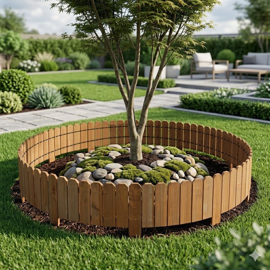 47" L x 8" H Wooden Garden Fence, 1 Pack Short Wood Garden Edging Border for Flower Bed Outdoor, Decorative Landscape Picket Fence for Tree, Flexible Yard Barrier for Lawn Path, Charred Brown