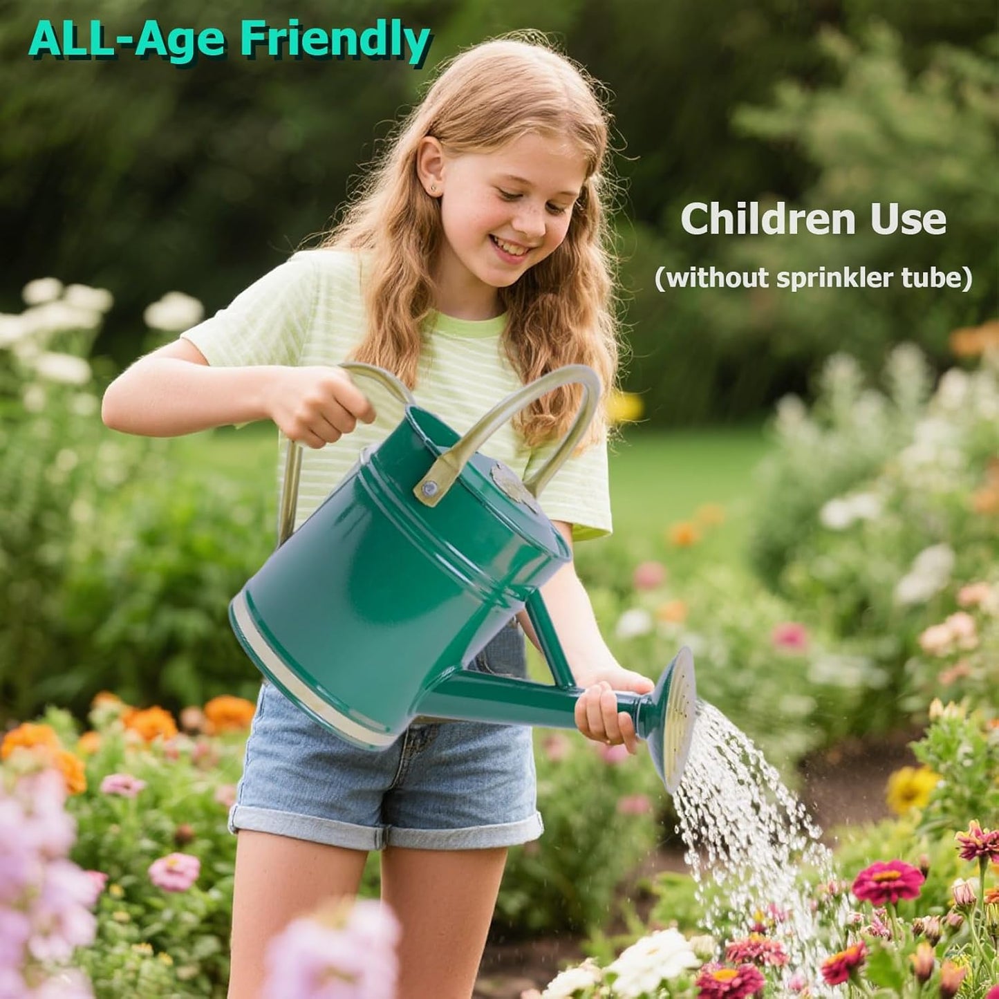 1 Gallon Green Metal Watering Can with Solid Brass Details, Removable Watering Rose, Decorative Garden Can for Indoor Plants, Patio and Greenhouse