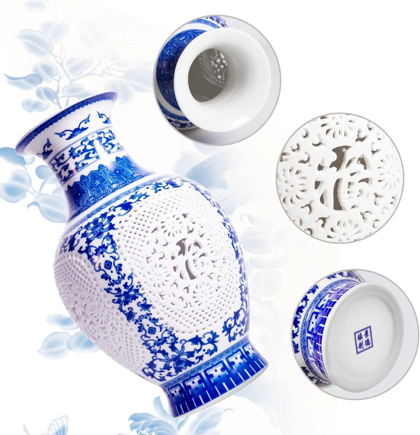 Blue and White Ceramic Vase, Chinoiserie Blue Porcelain Vase, Vintage Ceramic Flower Holder for Living Room Bookshelf Table Office Home Decoration (1-GY 11")