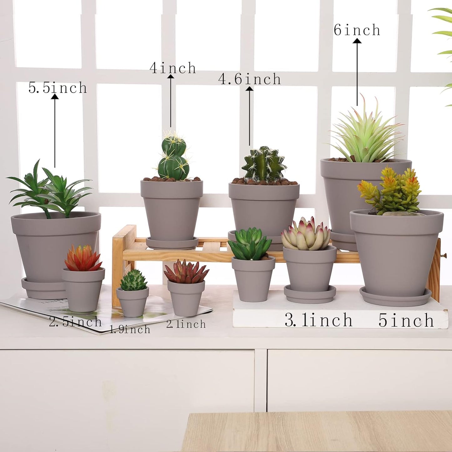 Yishang Large Terra Cotta Pots with Saucer- 4 Pack Large 6'' Terra Cotta Plant Pot with Drainage Hole, Flower Pot with Tray, Terracotta Pot for Indoor Outdoor Plant(Grey)
