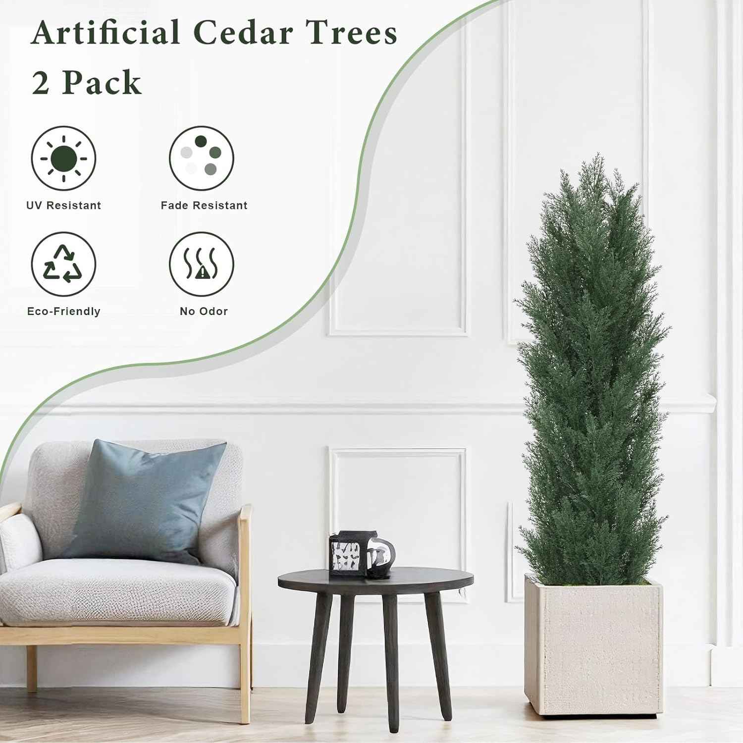 THE BLOOM TIMES 5ft Topiary Trees Artificial Outdoor Set of 2, UV Resistant Faux Cedar Pine Cypress Bushes & Shrubs, Fake Plants for Front Porch Outside Planter Patio Decor 5 Foot Tall