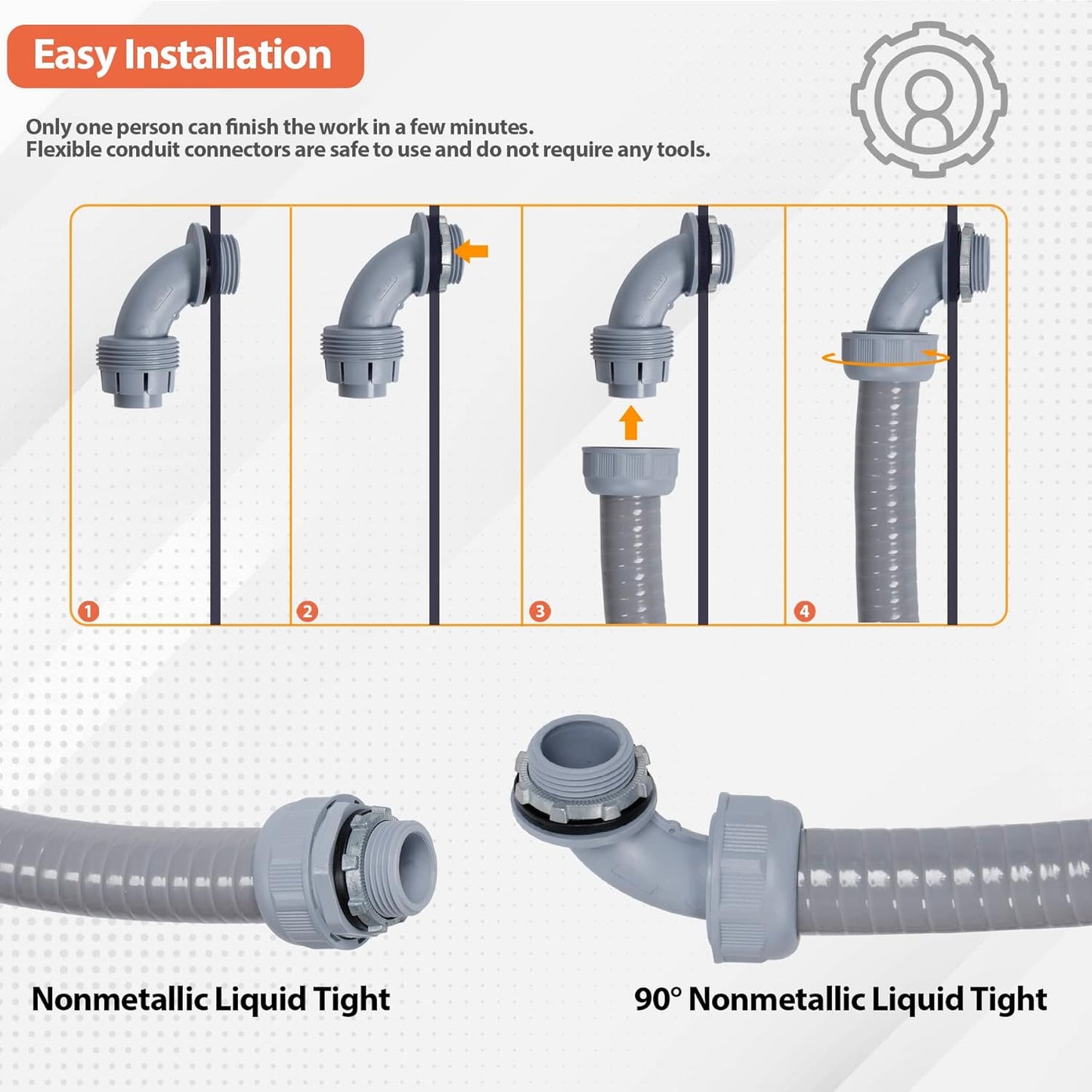 Liquid-Tight Conduit and Connector Kit 1/2inch 25ft, Flexible Non Metallic Liquid Tight Electrical Conduit w/UL Certification, Electrical Conduit Kit with 5 Straight, 5 Angle Fittings