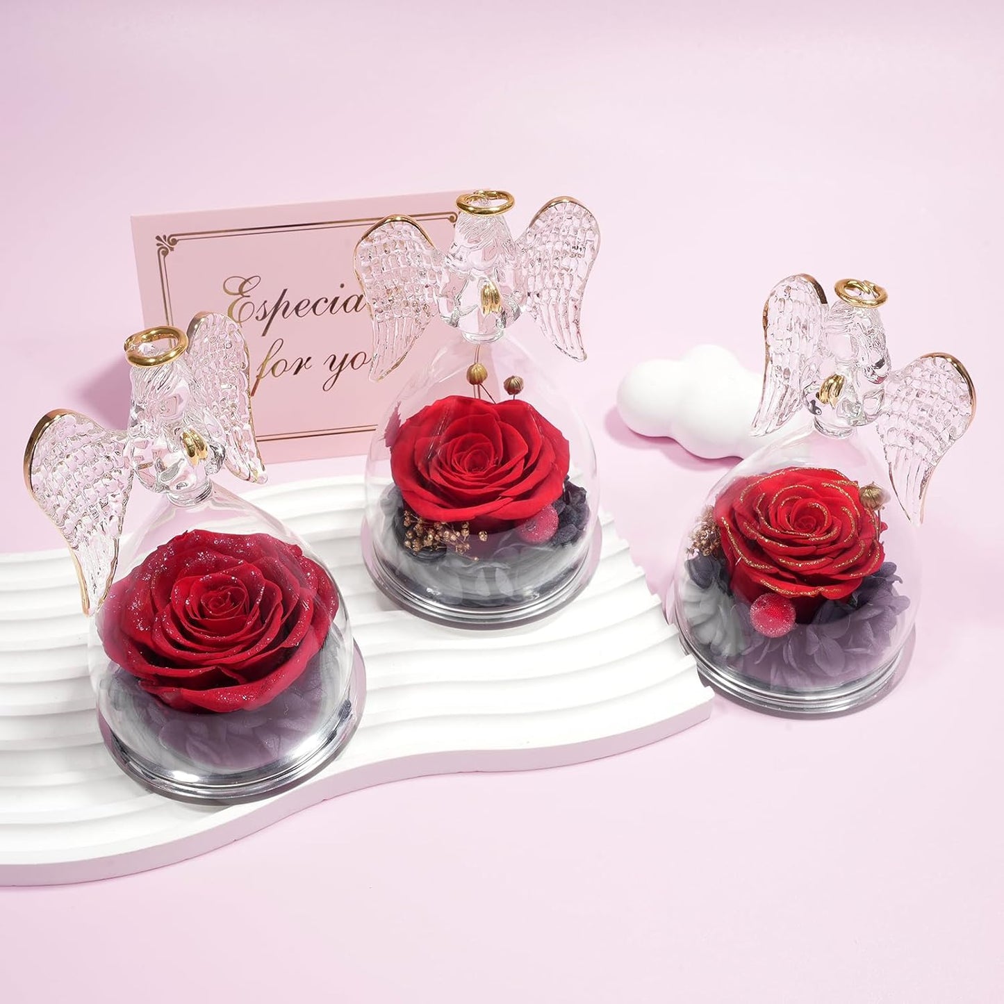 Yamonic Christmas Birthday Gifts for Mom, Angel Figurines with Real Rose Gifts for Her Mom Grandma, Preserved Rose in Glass Angel Figurines for Mothers Day Valentine's Day Gifts for Women (Red Sky)