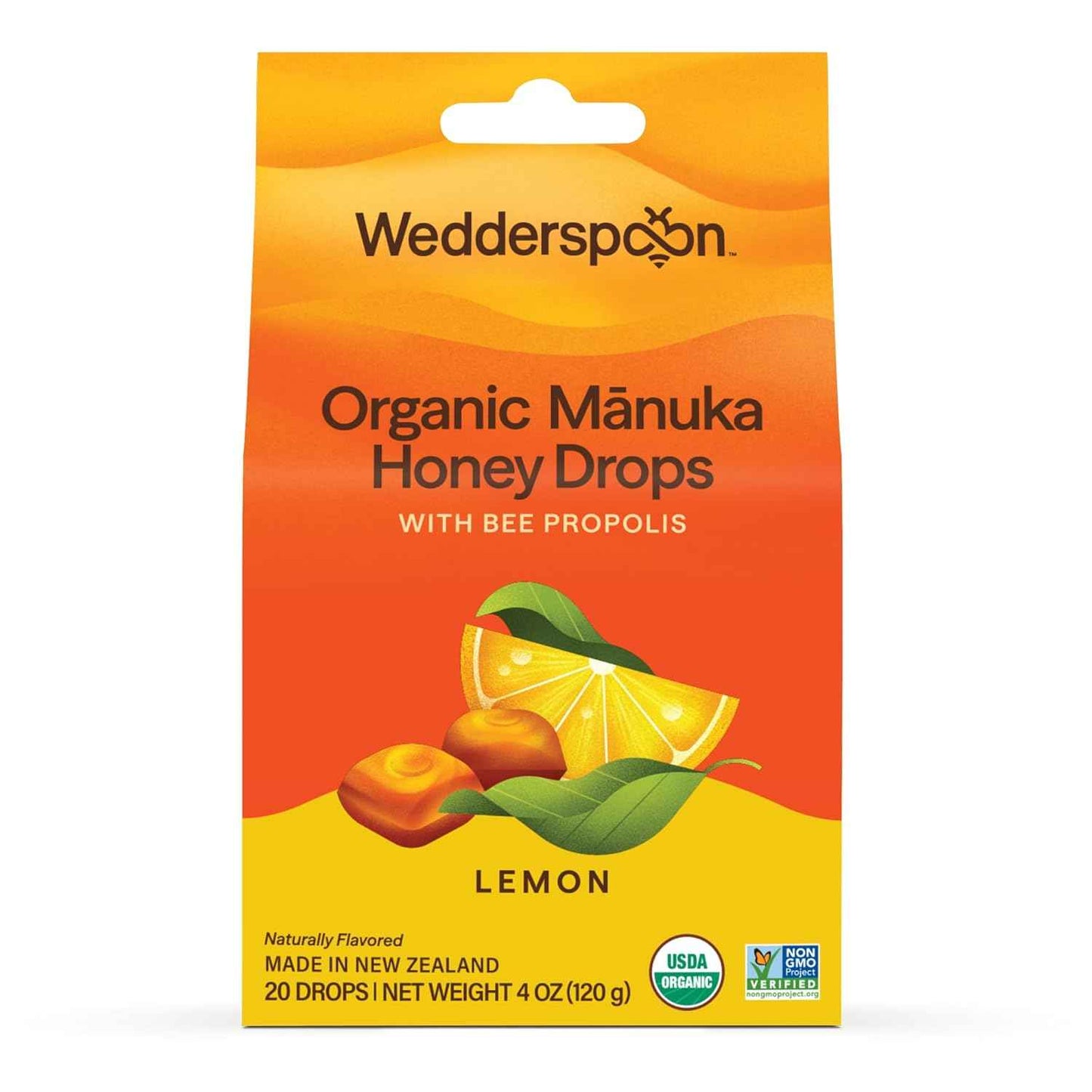 Wedderspoon Organic Manuka Honey Drops, Lemon & Bee Propolis, 20 Count