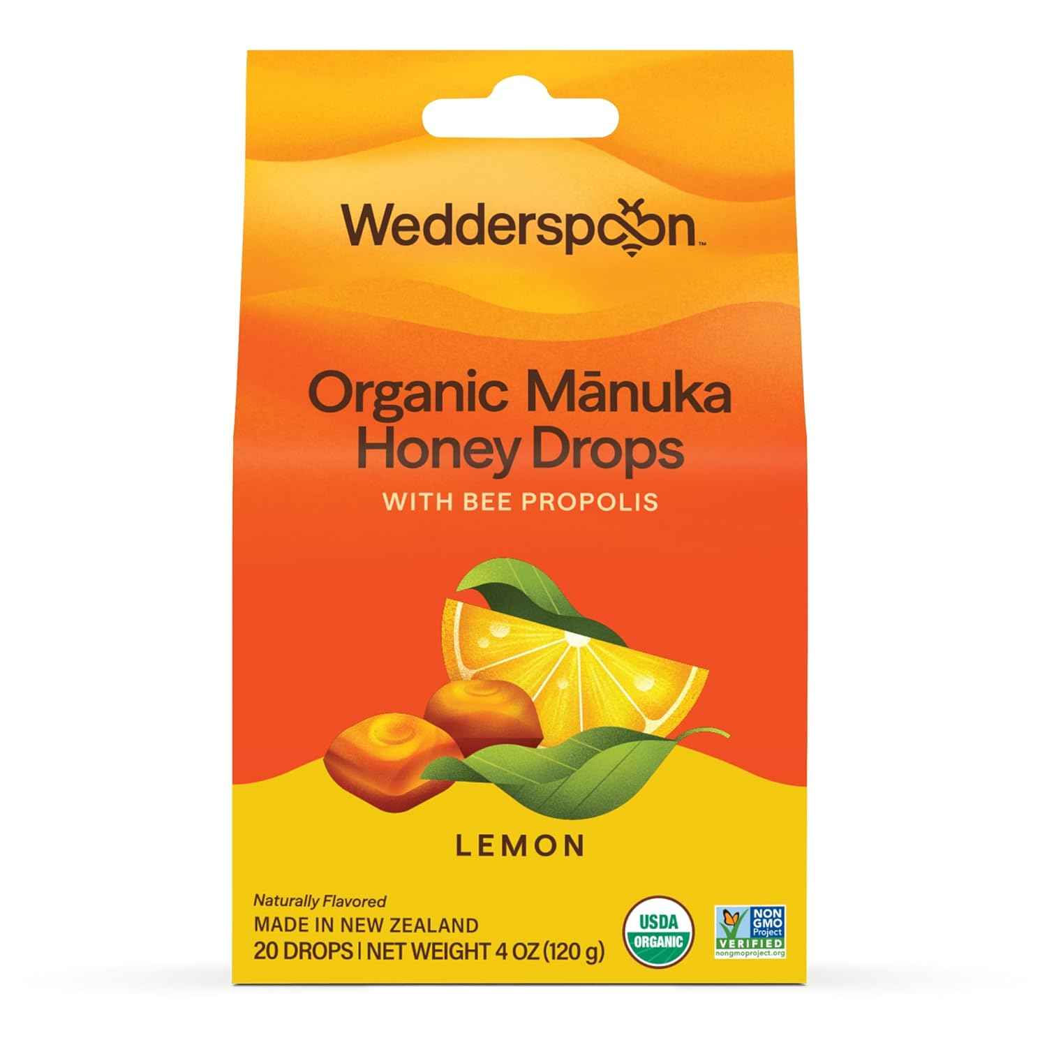 Wedderspoon Organic Manuka Honey Drops, Lemon & Bee Propolis, 20 Count