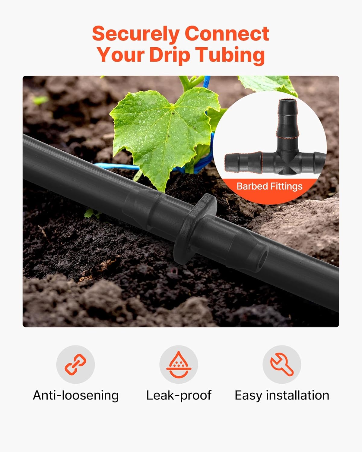 VEVOR Drip Irrigation Fittings Kit for 1/4" Tubing, 300 Pcs Drip Irrigation System Parts, Tees, Straight Barb, 4 Way Coupling, Elbows, End Plug, Single Barbs, Barbed Connectors for Yard Garden Lawn