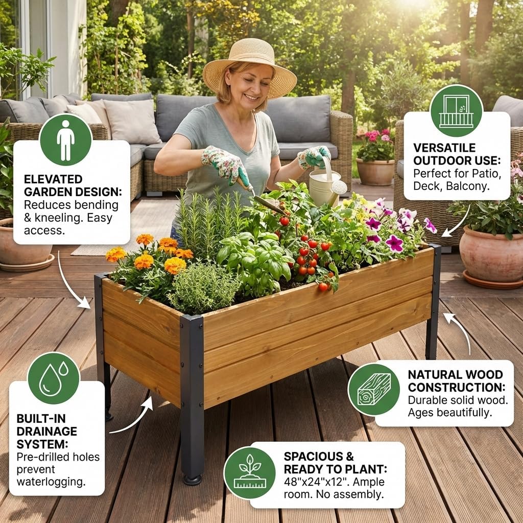 Wood Rectangular Garden Planter Box Raised Bed Outdoor, Elevated Planter for Herbs Vegetables Flowers, Sturdy Wooden Raised Garden