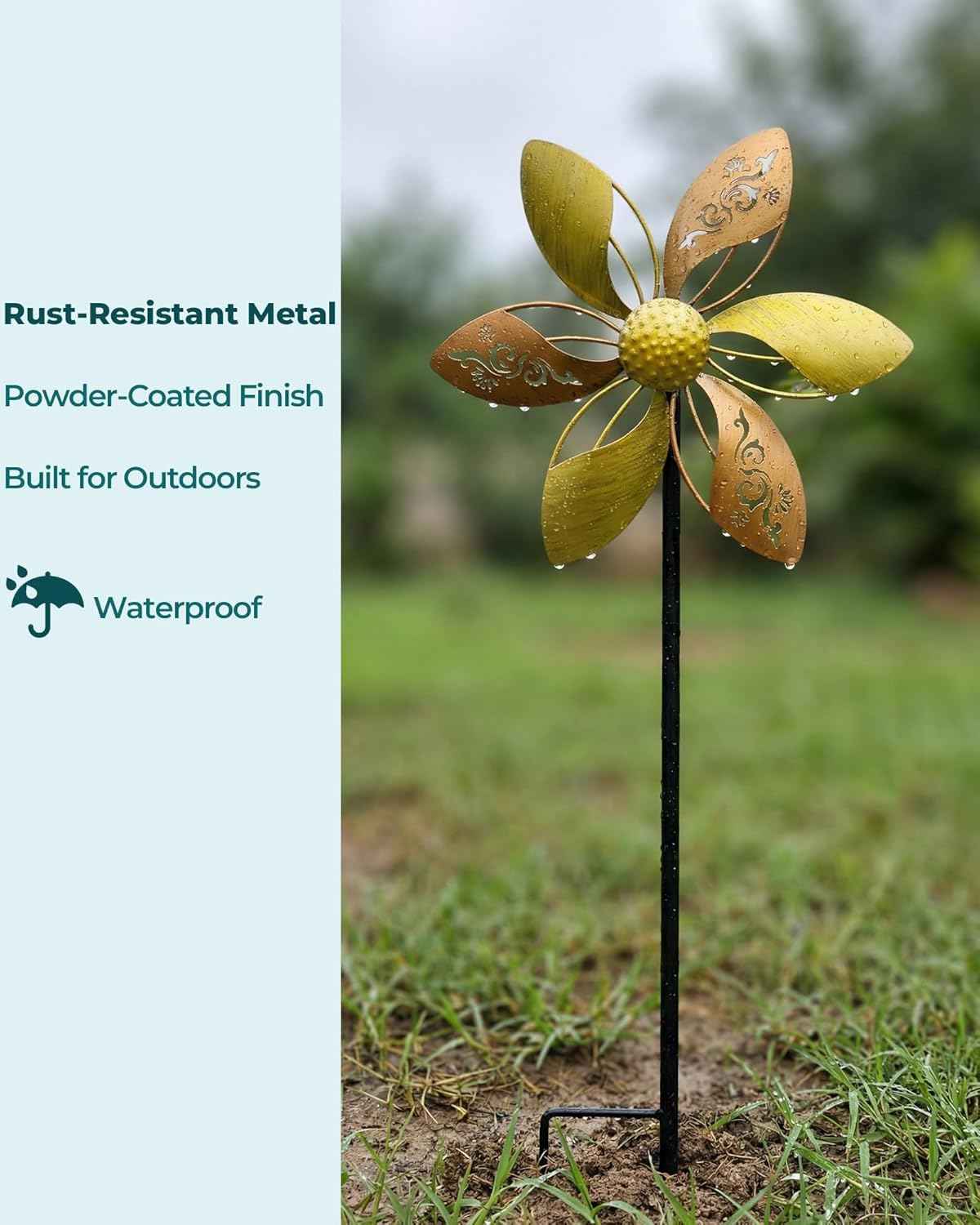 37" Metal Wind Spinner for Yard & Garden, 10" Kinetic Outdoor Garden Spinner, Rust-Resistant Decorative Yard Art (Gold Ornate Laser-Cut Floral)