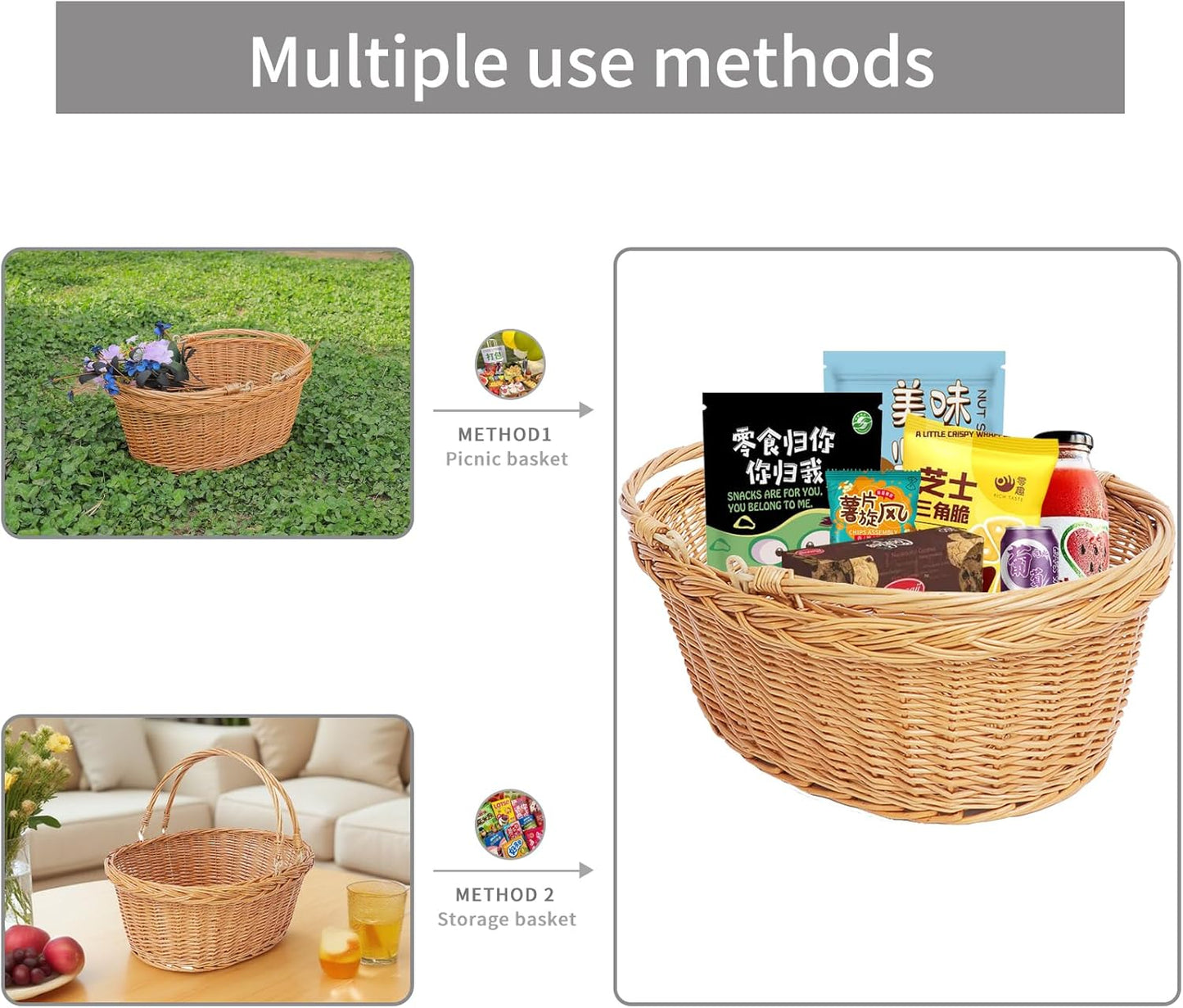 Wicker Picnic Basket with Handle, Natural Large Empty Basket Cheap Easter Egg Candy Storage Suitable for Toys, Flowers, Weddings (Original Color 15.75 * 11.81 * 5.91 inches)