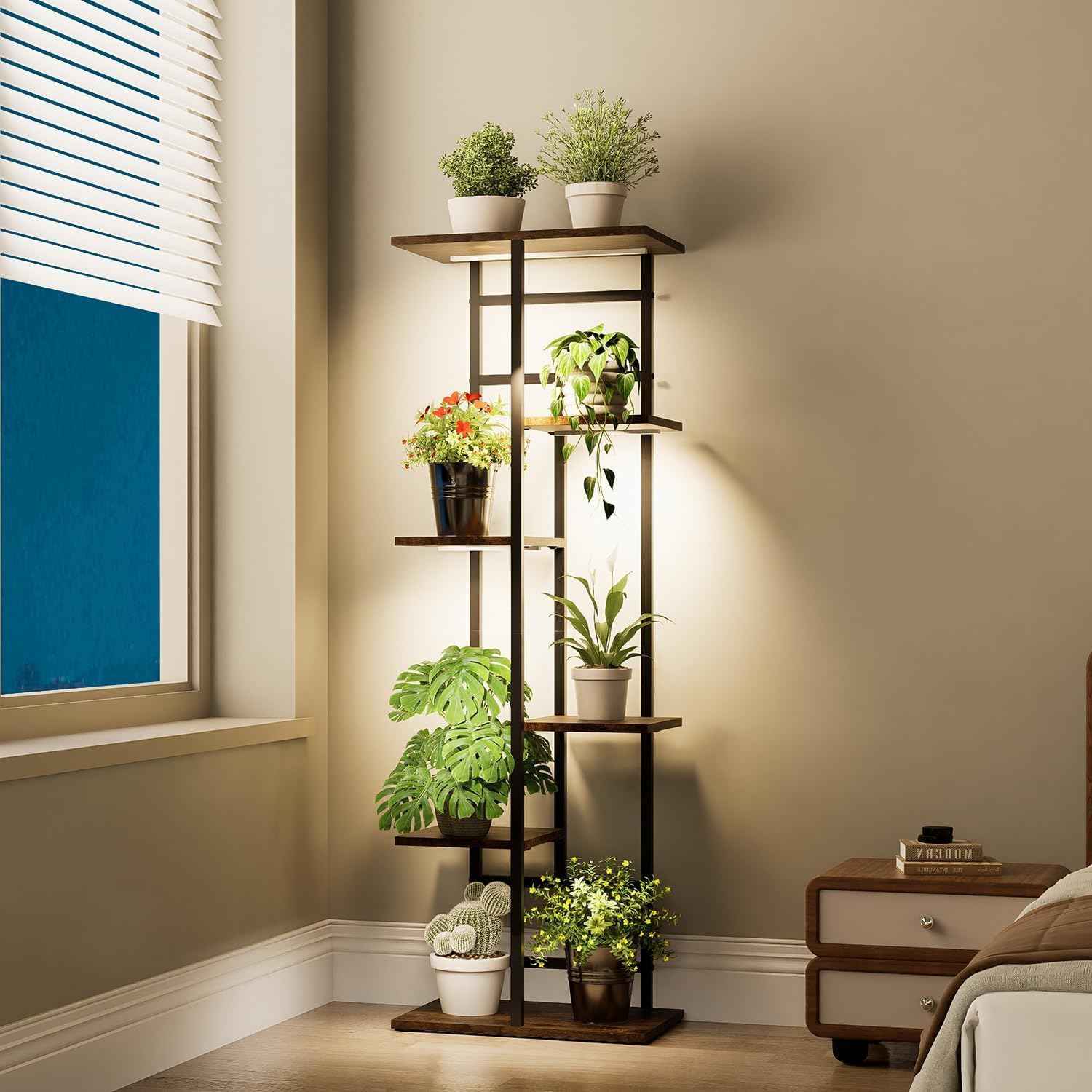 Plant Stand Indoor with Grow Lights, 6-Tiered Tall Plant Stand Metal Metal Corner Large Plant Shelf Display Rack Holder for Patio Living Room Balcony