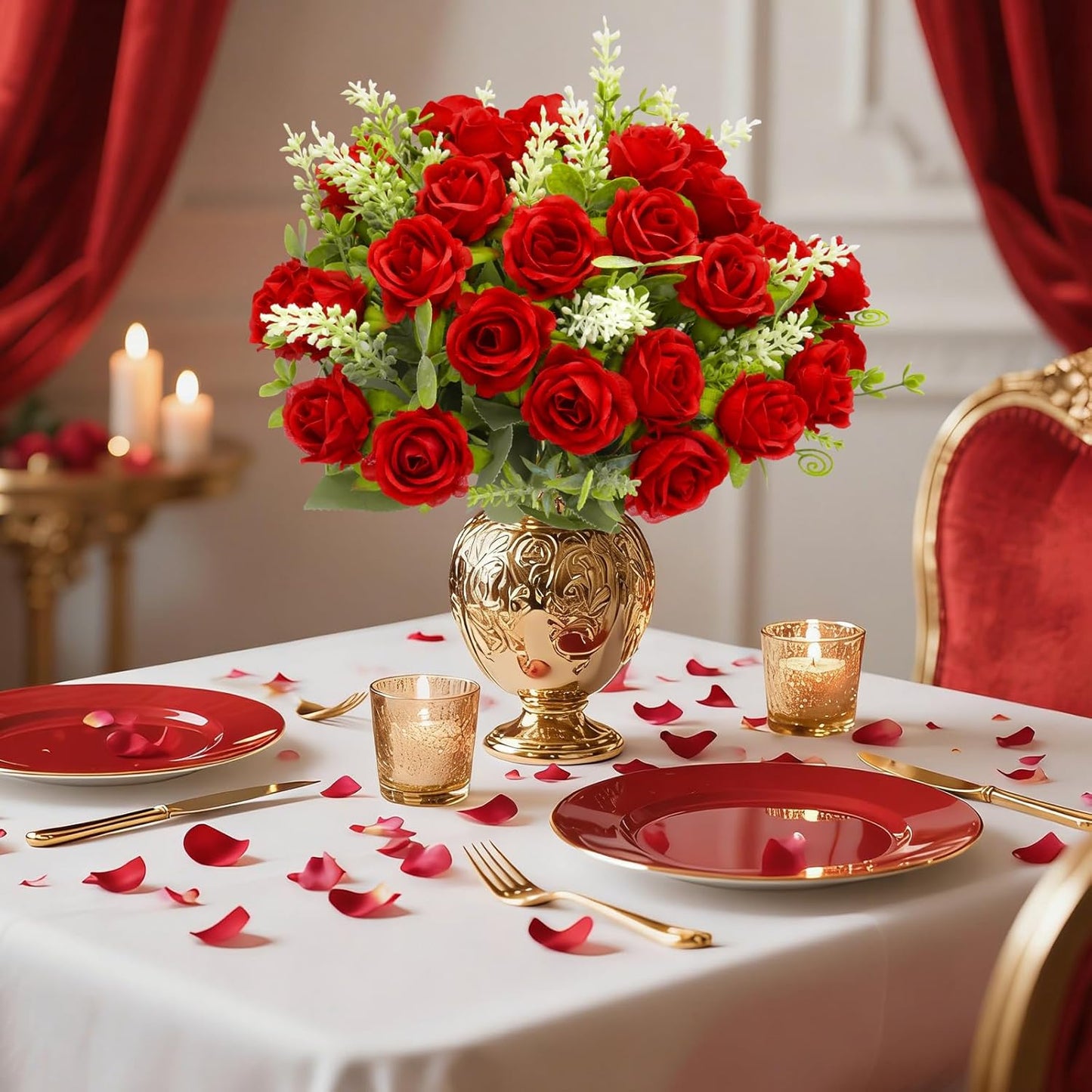 TURNMEON 40 Heads Fake Roses Artificial Flowers for Outdoors Summer Decor, 4 Bouquets UV Resistant Fake Flower Bouquet Faux Silk Roses for Wedding Birthday Party Home Indoor Cemetery Decor(Red)