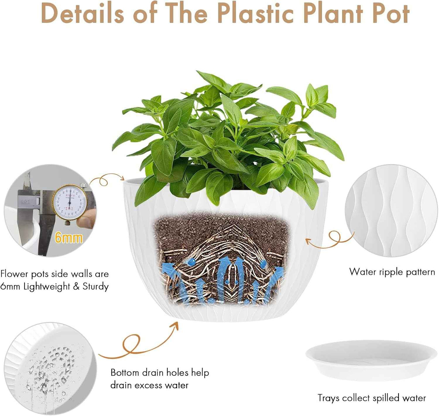 WSMKSZ 12 Inch Large Plant Pots for Indoor or Outdoor Plants, Wide Water Ripples Flower Pots with Drainage Holes & Saucer, Plastic Planters Set for Garden & Home Decor (White)