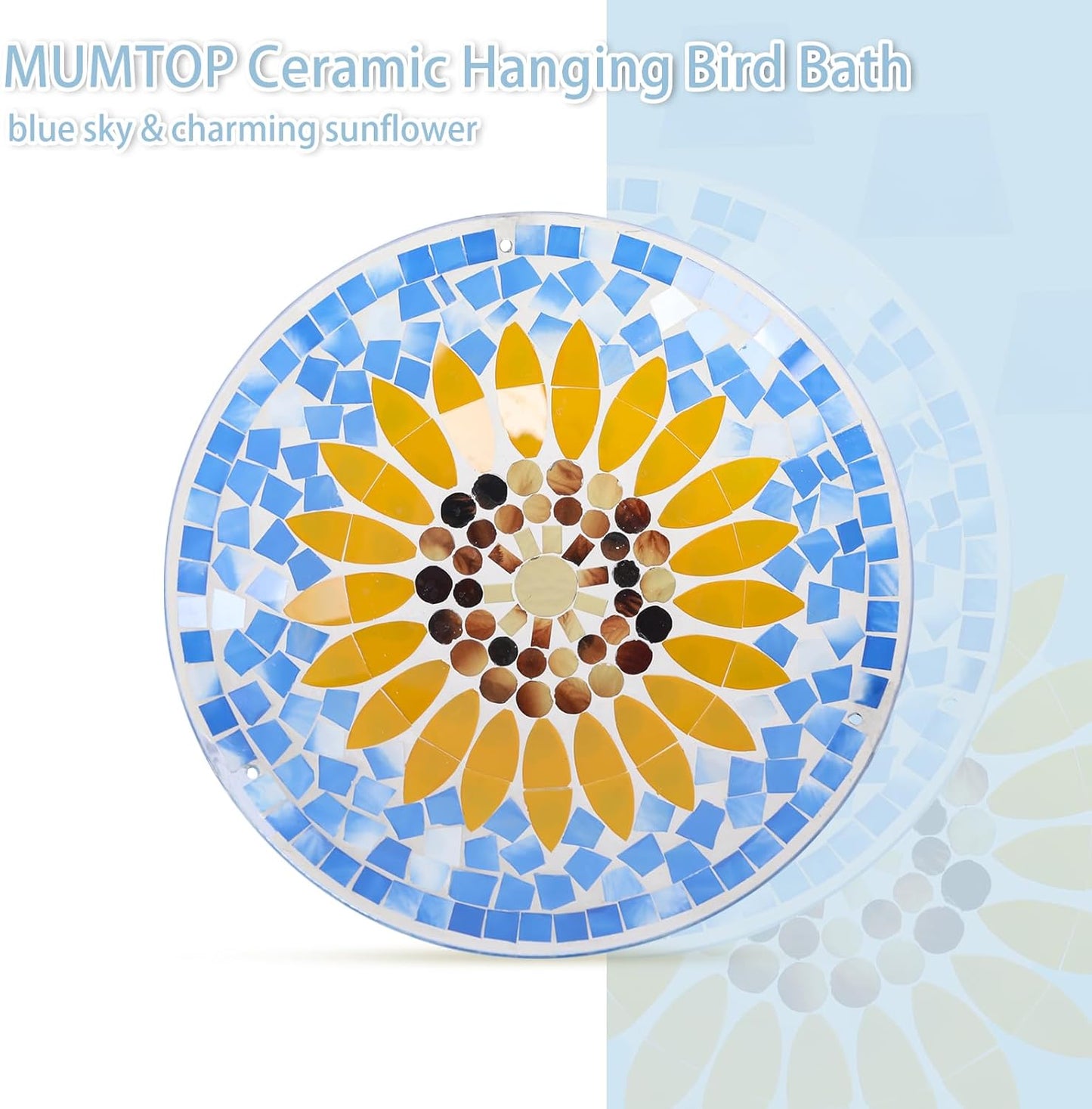 MUMTOP Mosaic Hanging Bird Bath-Bird Baths for Outdoors - 12 Inch Glass Birdbath Bird Water Bowl Bird Feeders for Outside, Garden, Lawn Yard Decor（Sunflower）