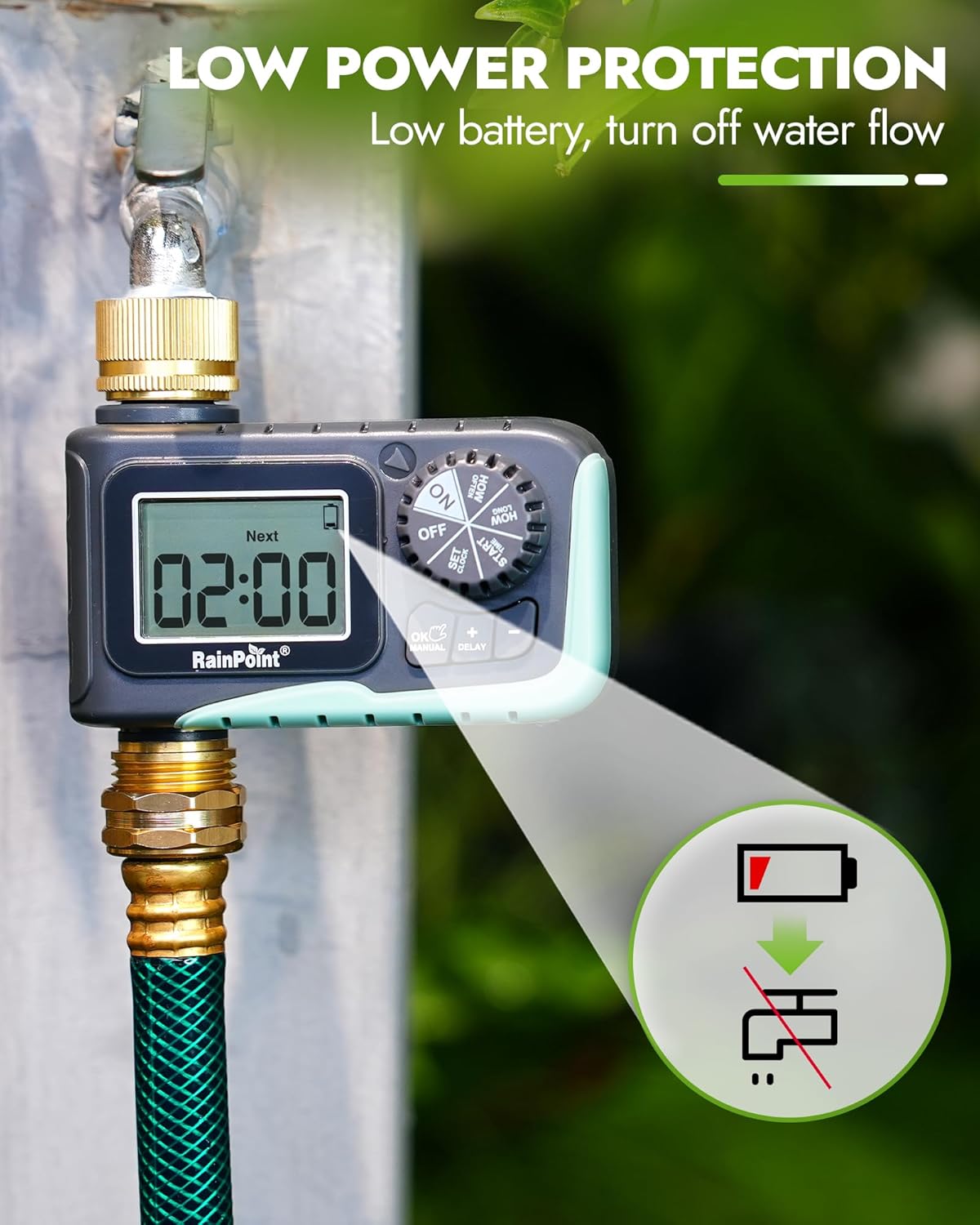 RAINPOINT Sprinkler Timer with Brass Inlet & Outlet, Programmable Hose Timer for Garden Soaker Hose with Rain Delay/Manual Watering System, Digital Drip Irrigation for Yard, Lawn(2PCS)