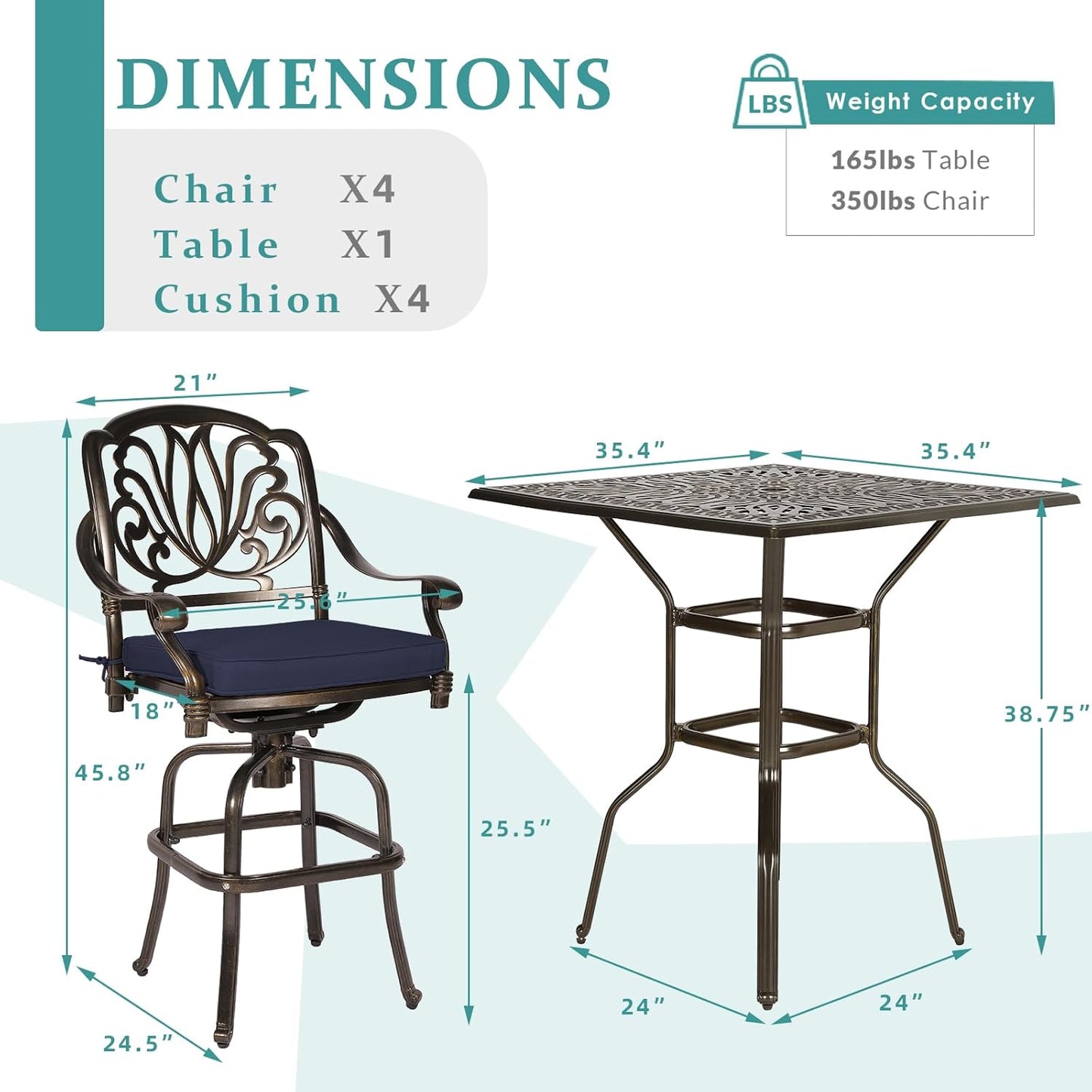 MEETWARM 5-Piece Patio Swivel Bar Set, All-Weather Cast Aluminum Outdoor High Bar Stool Bistro Set for Backyard Garden with 4 Cushions Bar Chairs with Footrest and 35.4" Bar Table, 2.2" Umbrella Hole