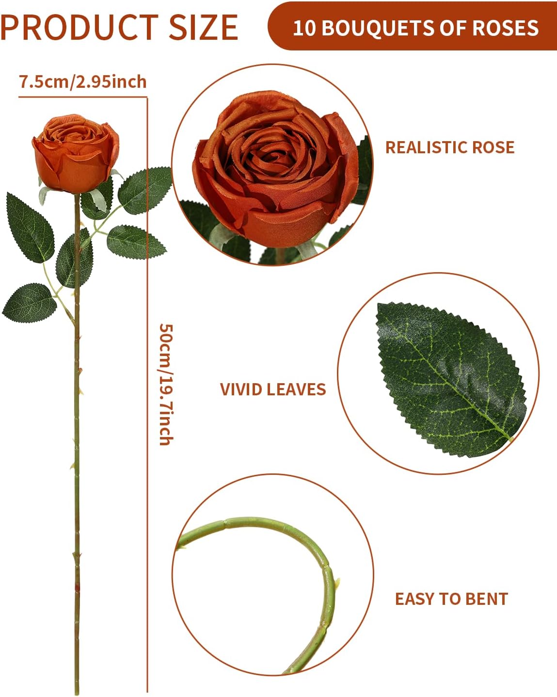 Coferset 10 Pcs Fake Roses, Artificial Silk Rose Flowers with Long Stems,Realistic Faux Roses for Vase Home Wedding Table Centerpieces Baby Shower Decor (Burnt Orange)