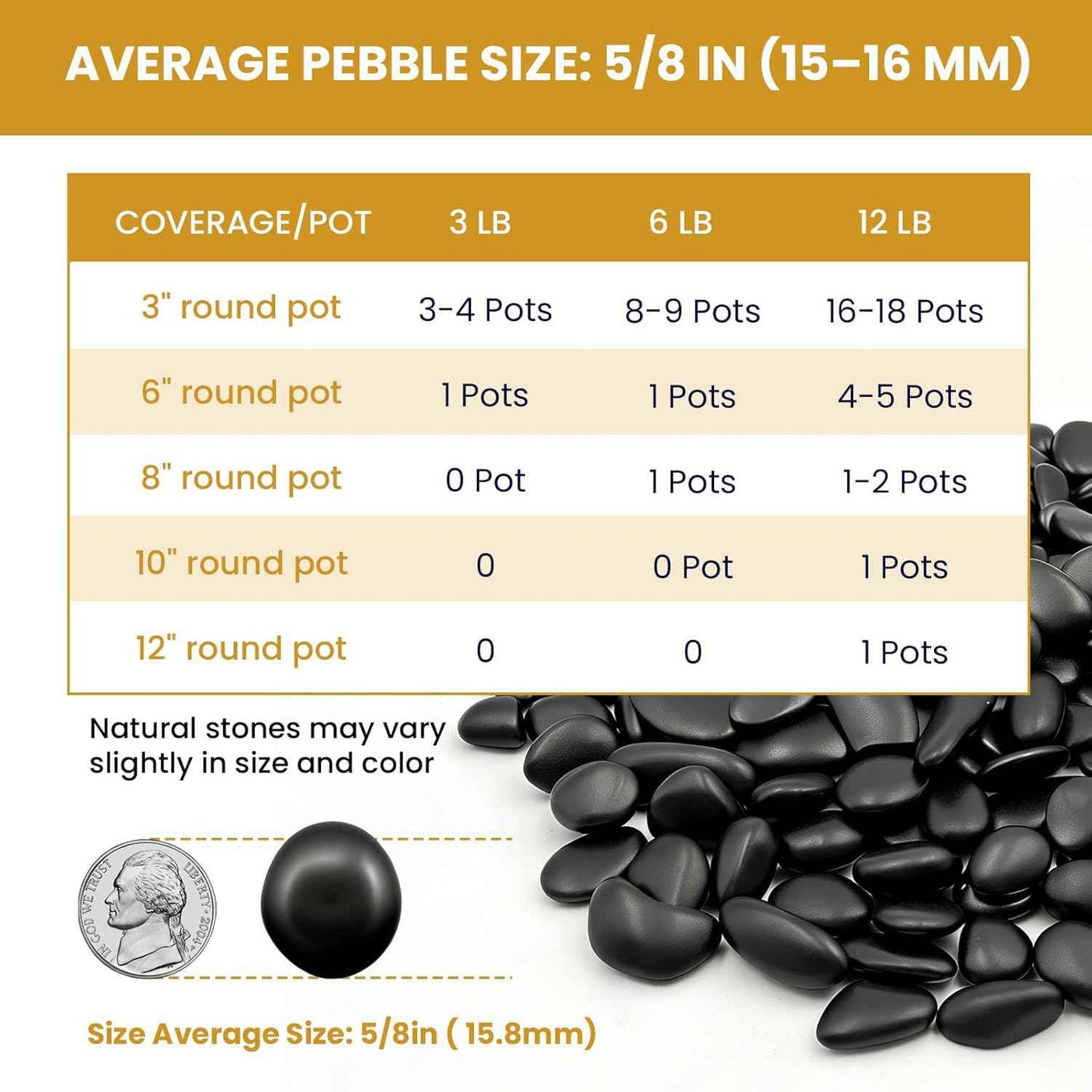 Polished Black River Rocks - 5/8 Inch Decorative Stones for Aquarium, Landscaping, Vase Fillers & Indoor Plants,Highly Polished Jet Black Pebbles for Garden, Succulents, Home Decor-3LB