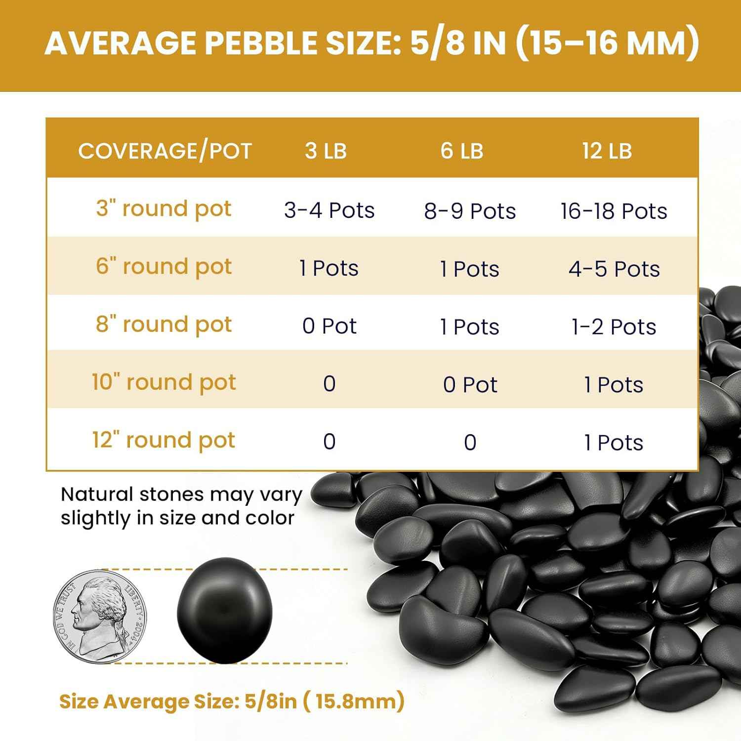 Polished Black River Rocks - 5/8 Inch Decorative Stones for Aquarium, Landscaping, Vase Fillers & Indoor Plants,Highly Polished Jet Black Pebbles for Garden, Succulents, Home Decor-3LB