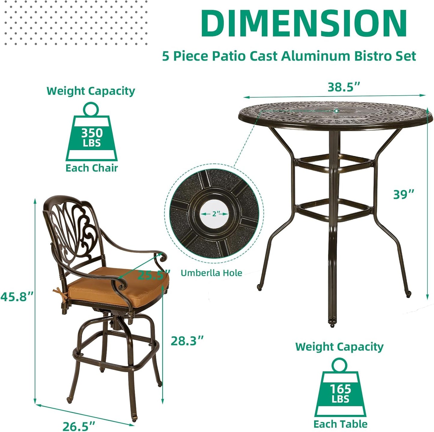 VIVIJASON 5-Piece Patio Swivel Bar Stools Set, All Weather Cast Aluminum Outdoor Bar Height Bistro Set with 4 Cushioned Bar Chairs & 38.5" High Bar Table w/Umbrella Hole for Backyard, Lawn, Garden