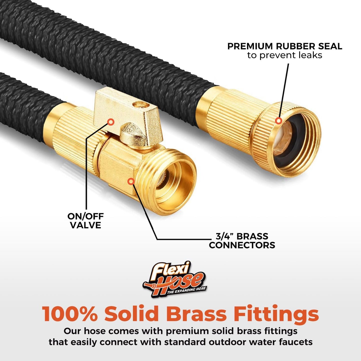 Flexi Hose with 8 Function Nozzle, 25FT - Lightweight Expandable Garden Hose, No-Kink Flexibility, 3/4 Inch Solid Brass Fittings and Double Latex Core