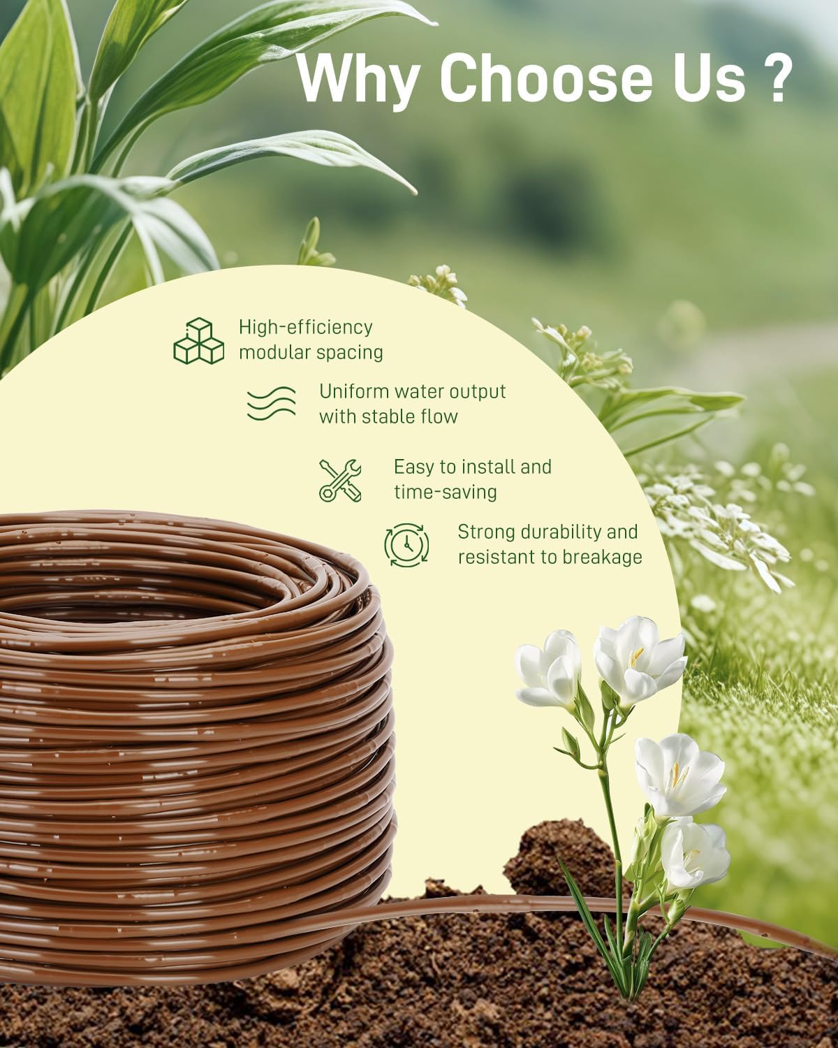 1/4" Drip Irrigation Tubing with 6" Emitter Spacing, (100 Ft Roll) Hydroponics Dripline with Built-in 0.5 GPH Dripper, Drip Line for Landscape Irrigation, Tree Watering and Greenhouses (Brown)