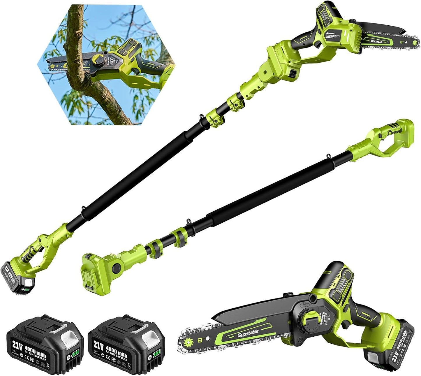 Cordless Pole Saws for Tree Trimming, 8" & 6" Mini Chainsaw Battery Powered with Extended Pole and 2x4.0Ah Batteries, 16 Feet Electric Pole Chainsaw, Tree Trimmer Limb Branch Cutter Pruner