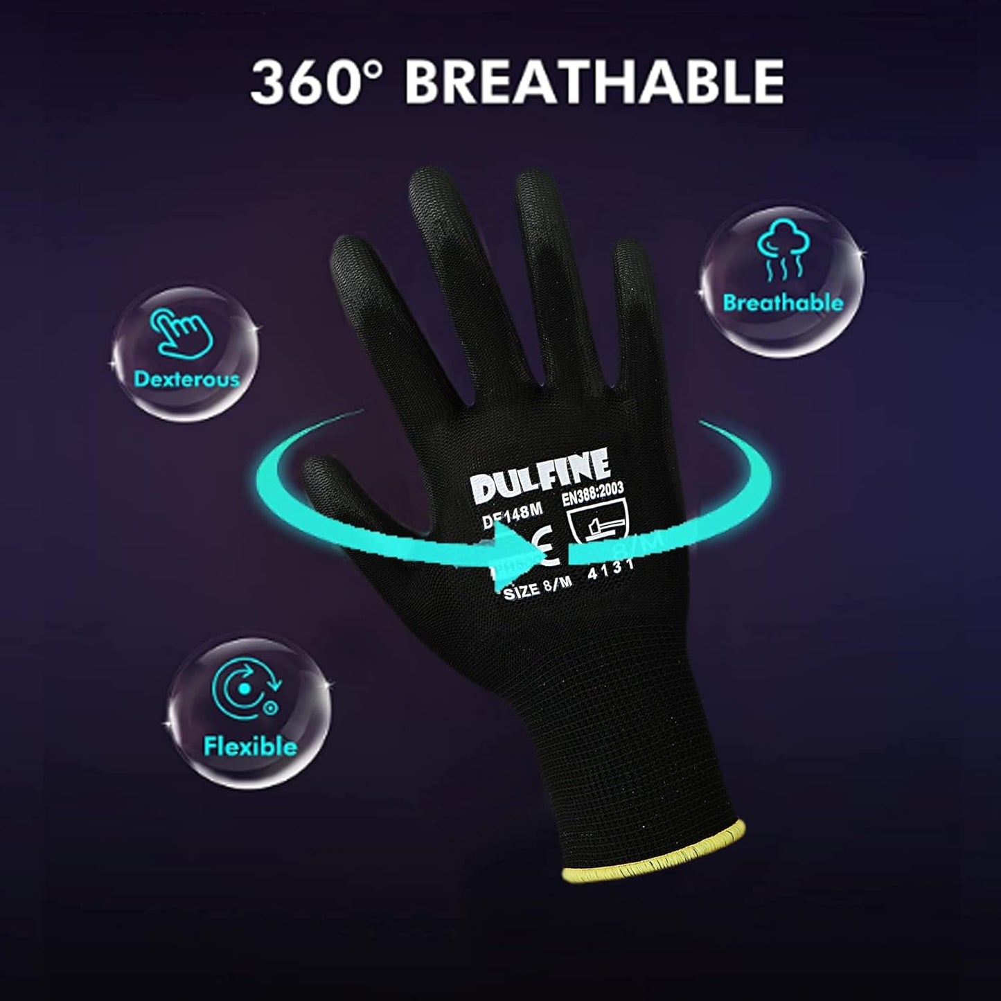 DULFINE Ultra-Thin PU Coated Work Gloves-12 Pairs,Excellent Grip,Nylon Shell Black Polyurethane Coated Safety Work Gloves, Knit Wrist Cuff,Ideal for Light Duty Work. (Medium)