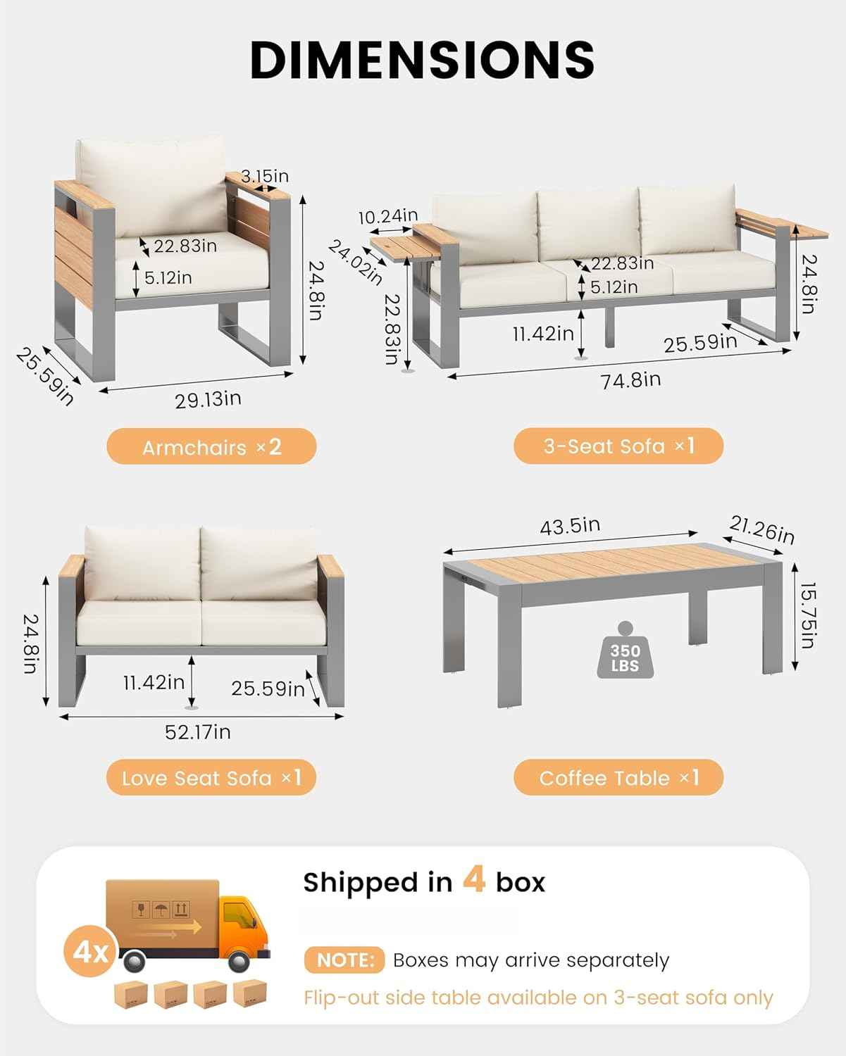 Sundale Outdoor Aluminum Patio Furniture Set, 5 Piece Metal Patio Conversation Sets with 5" Thick Cushions, Shimmer Coated Outdoor Couch with 2 Extendable Side Tables for Yard, Deck (Beige)