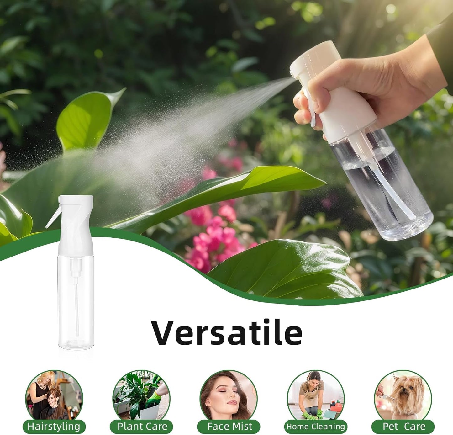 2-Pack Continuous Fine Mist Spray Bottle for Hair - Ultra-Fine Mist, BPA-Free, Leak-Proof, 360° Spray (300ml/10.1oz) - White