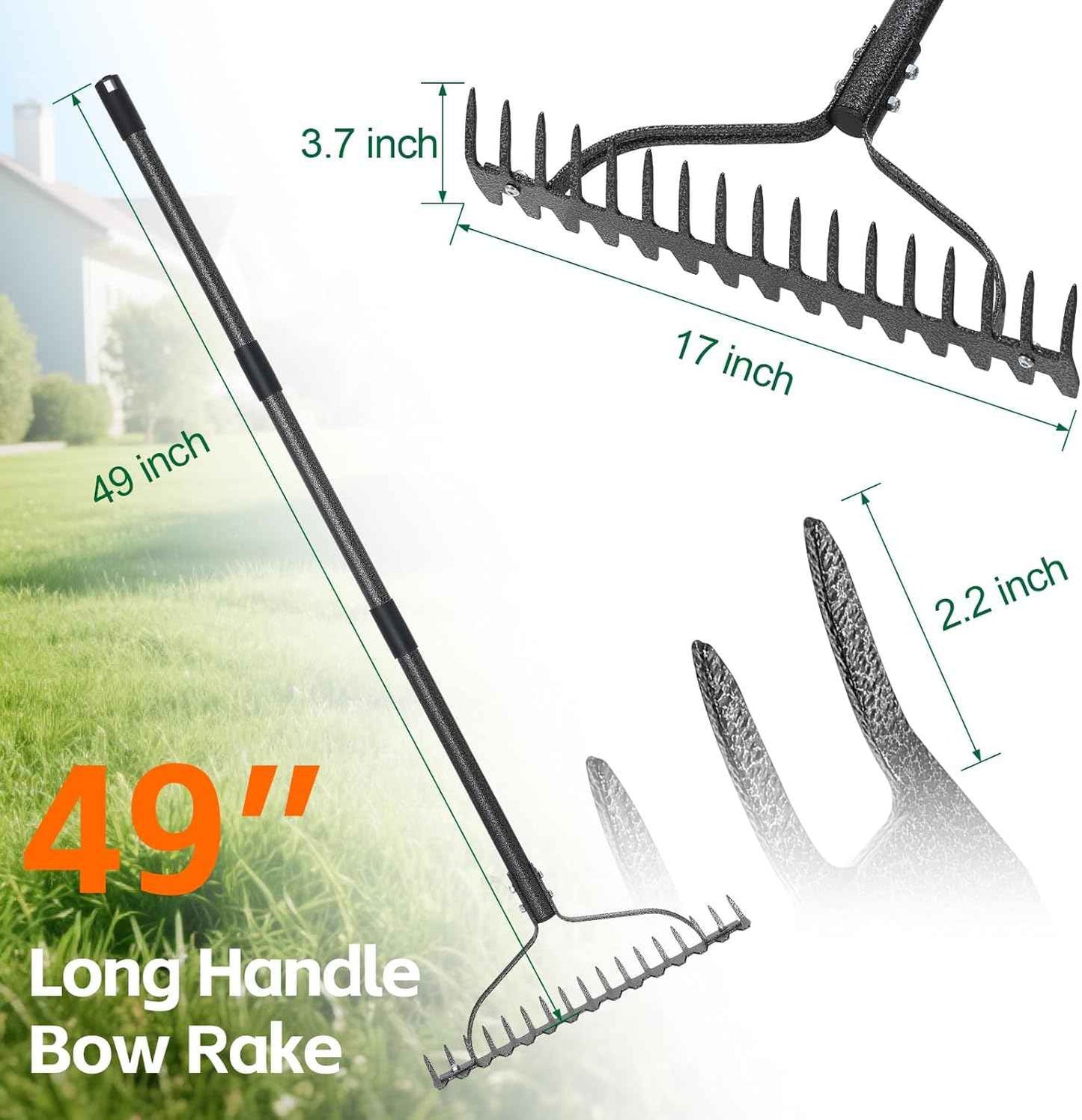 Bow Rake, Heavy Duty Metal Garden Rake for Looseing Soil, Leveling Lawn and Cleaning Leaves, 63" Long Handle Ergonomic Thatch Rake with 17 Tines for Yard,Farm,Lawn,Garden