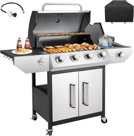 4-Burner Propane Gas BBQ Grill with Side Burner, Barbecue Gas Grill with Enameled Cast Iron Grates for Outdoor Patio Garden Barbecue, 53,000 BTU, with Stainless Steel Grill Cover