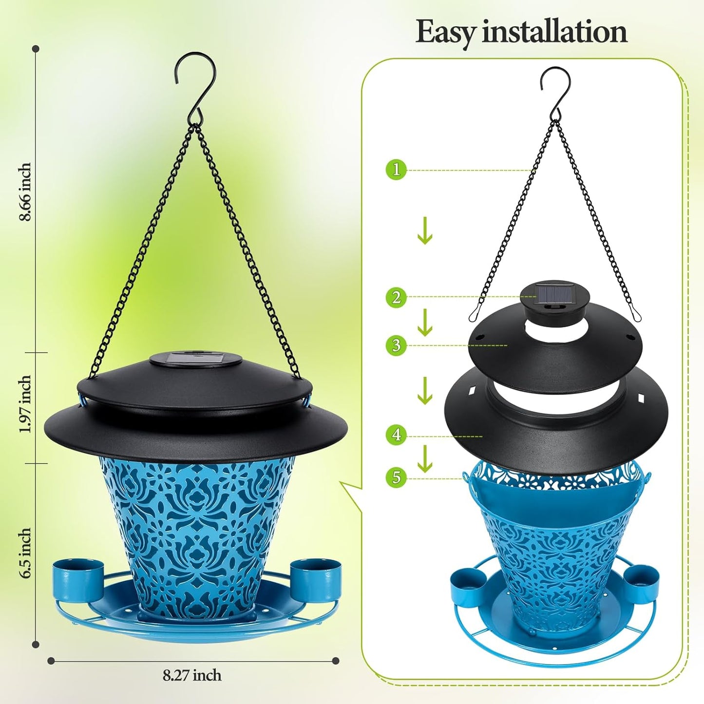 Solar Bird Feeders for Outside Hanging Metal Wild Bird Feeder Solar Lanterns Outdoor Waterproof Garden Decor for Yard Blue